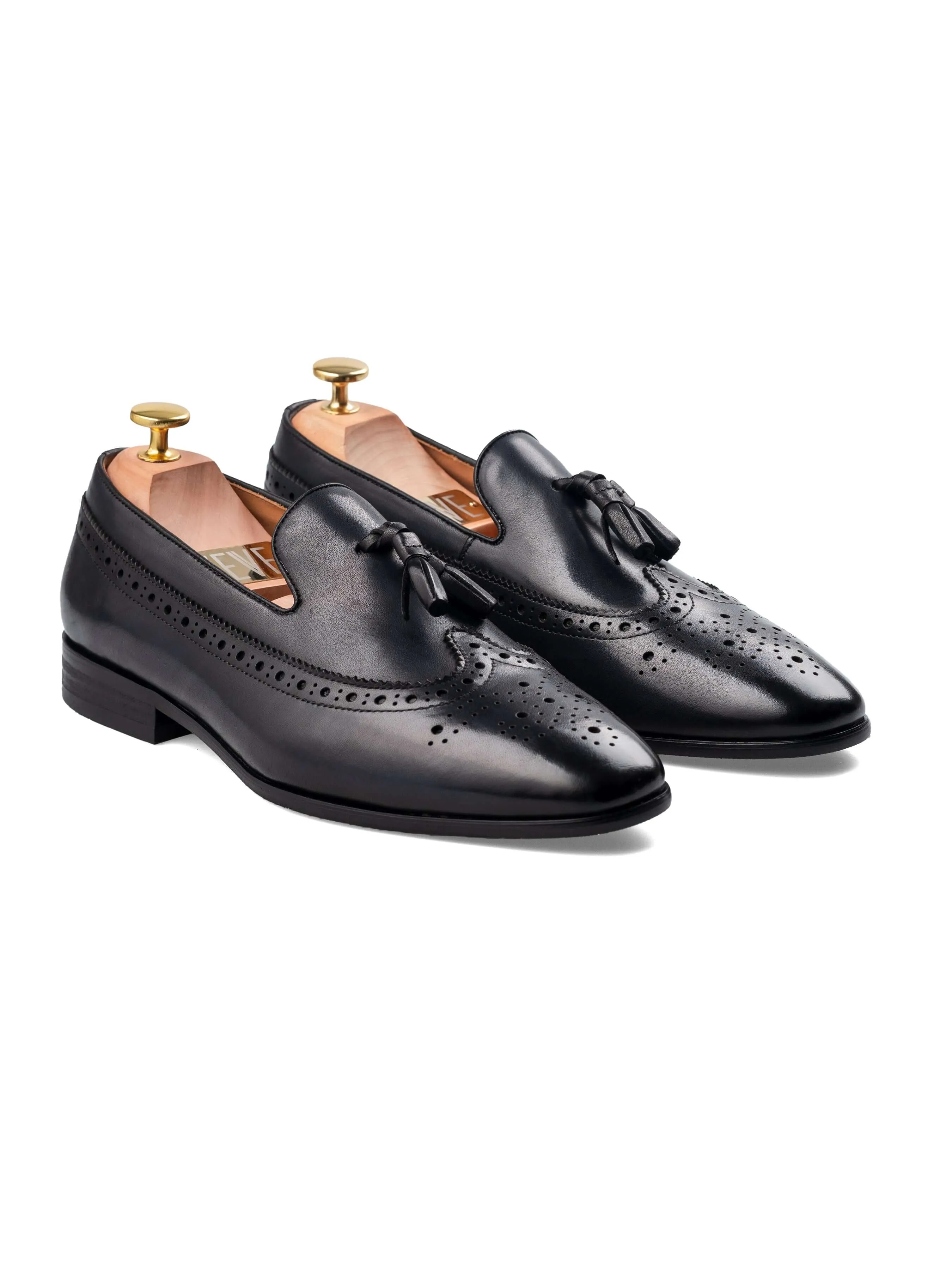 Loafer Slipper Longwing Brogue - Black Grey With Tassel (Hand Painted Patina) Keep Going Strong