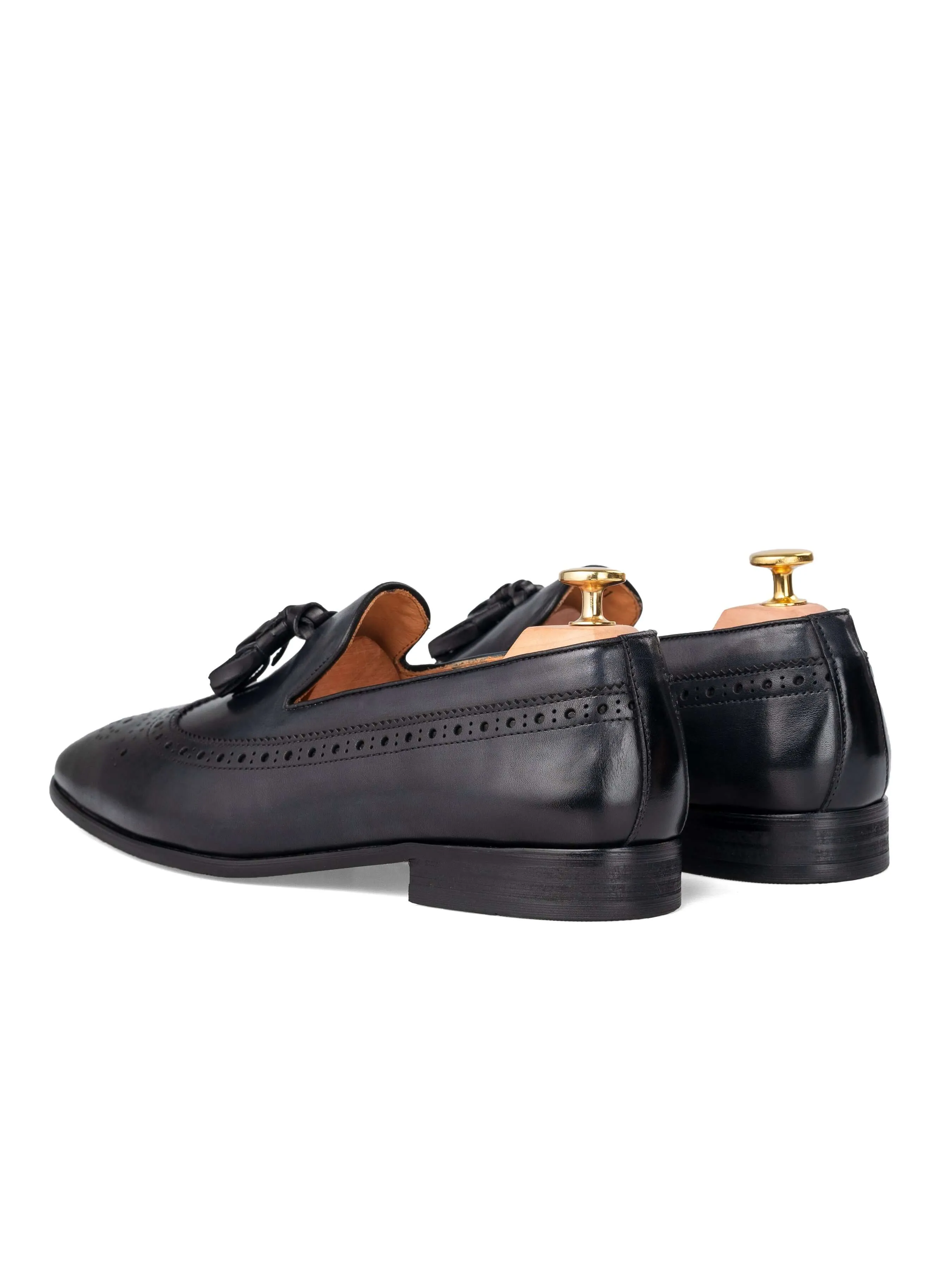 Loafer Slipper Longwing Brogue - Black Grey With Tassel (Hand Painted Patina) Economical