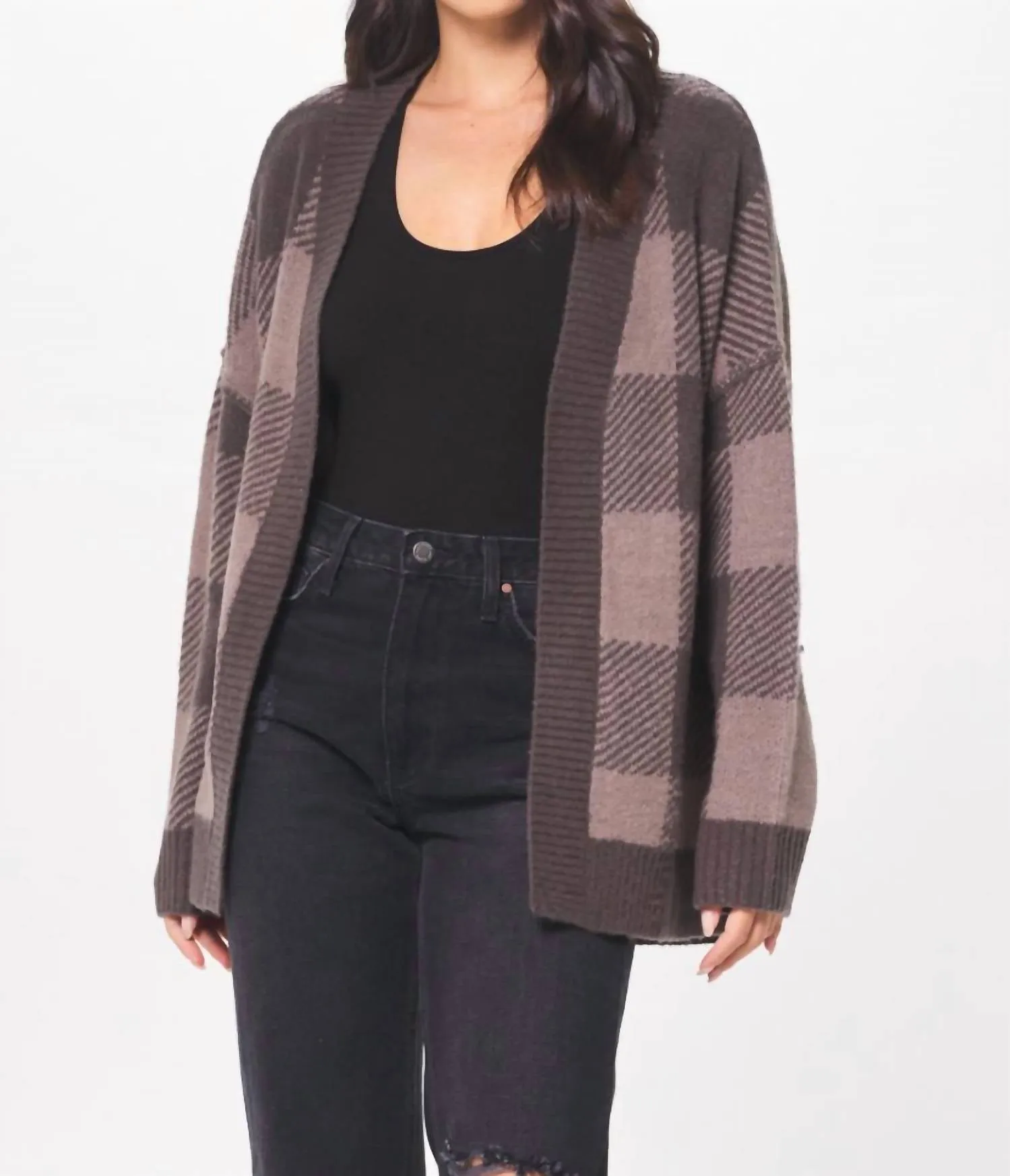 Cardigan en maille douce à carreaux taupe