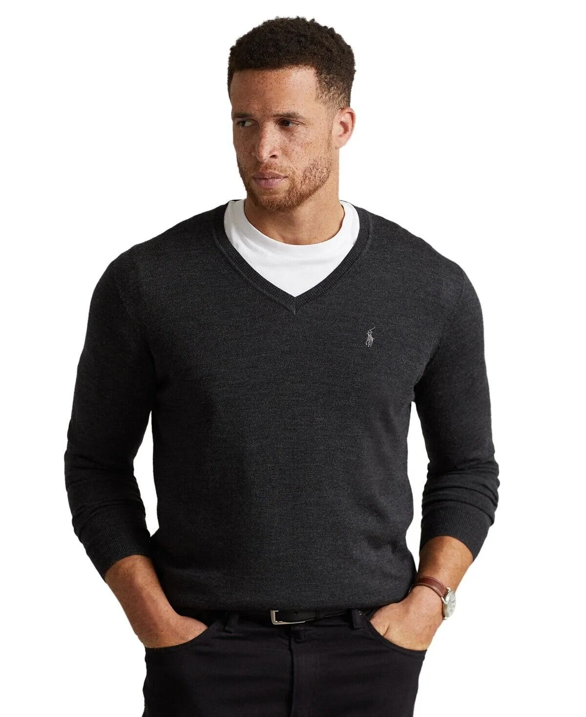 Pull Polo Ralph Lauren pour Hommes - Pull à col en V Granite Foncé Chiné APP166