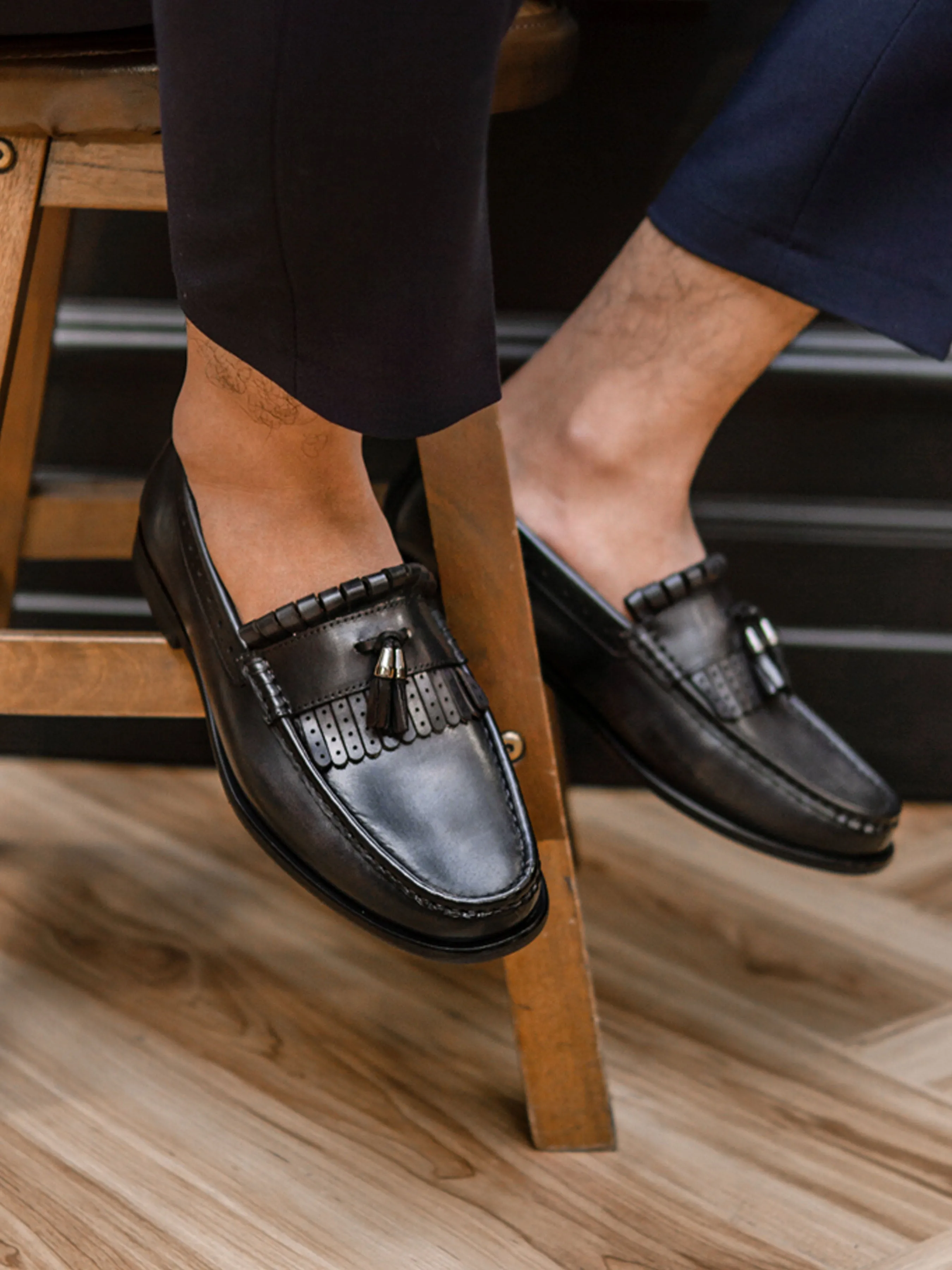 Gear Up and Go Fringe Classic Loafer - Black Grey With Tassel (Hand Painted Patina)