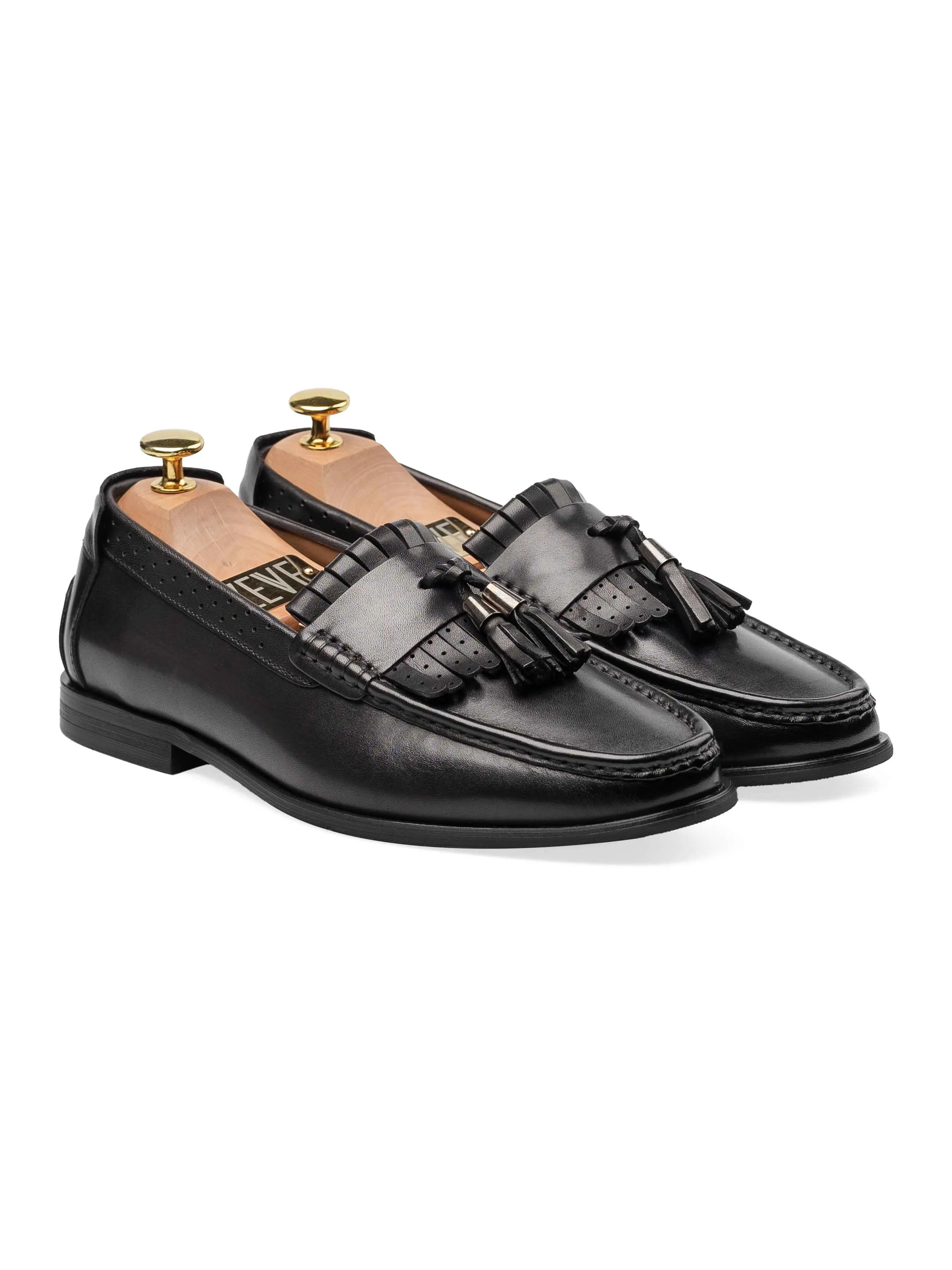 Step into the Beat Fringe Classic Loafer - Black Grey With Tassel (Hand Painted Patina)