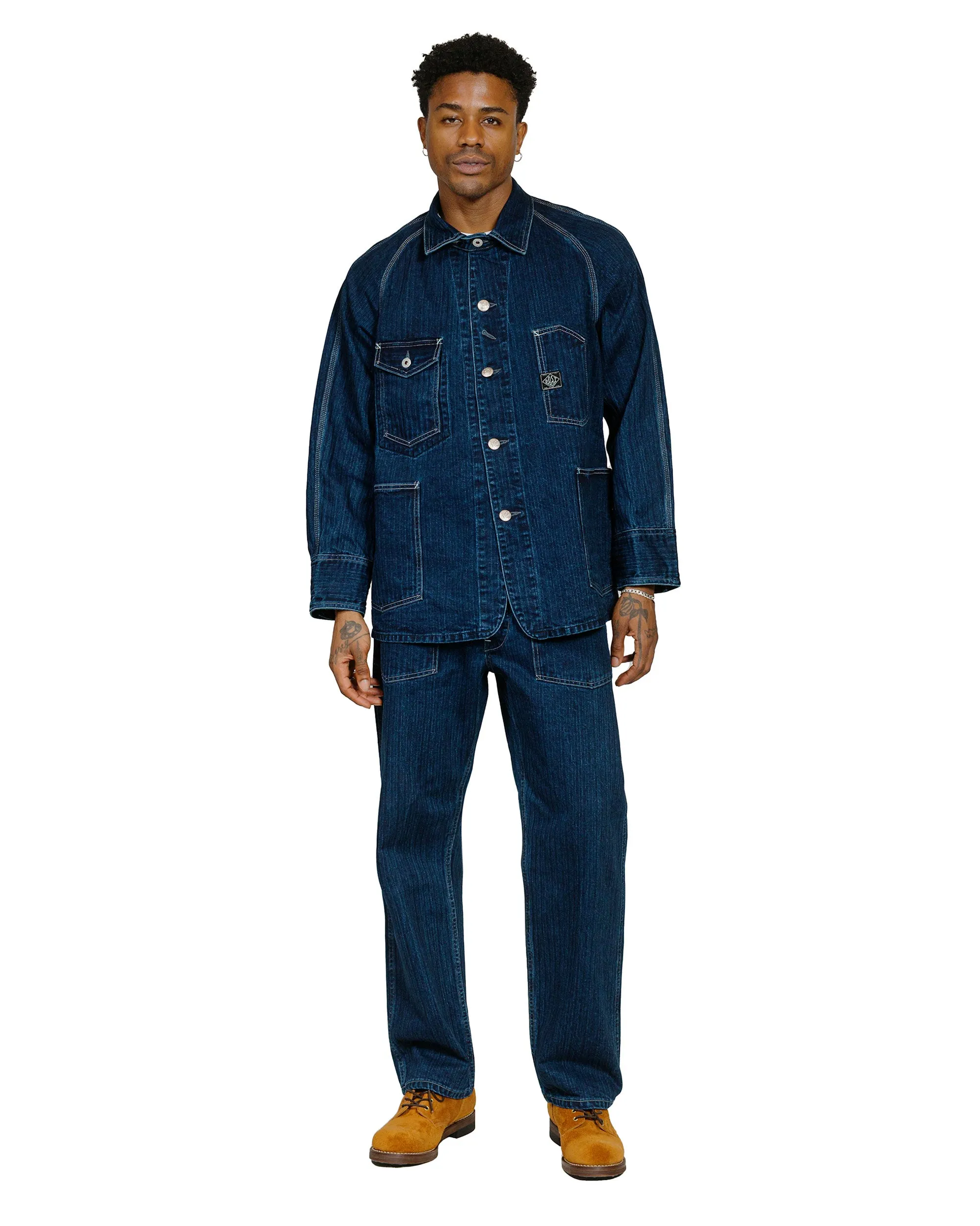 Split Detail Post O'Alls Army Pants Herringbone Denim Double Indigo