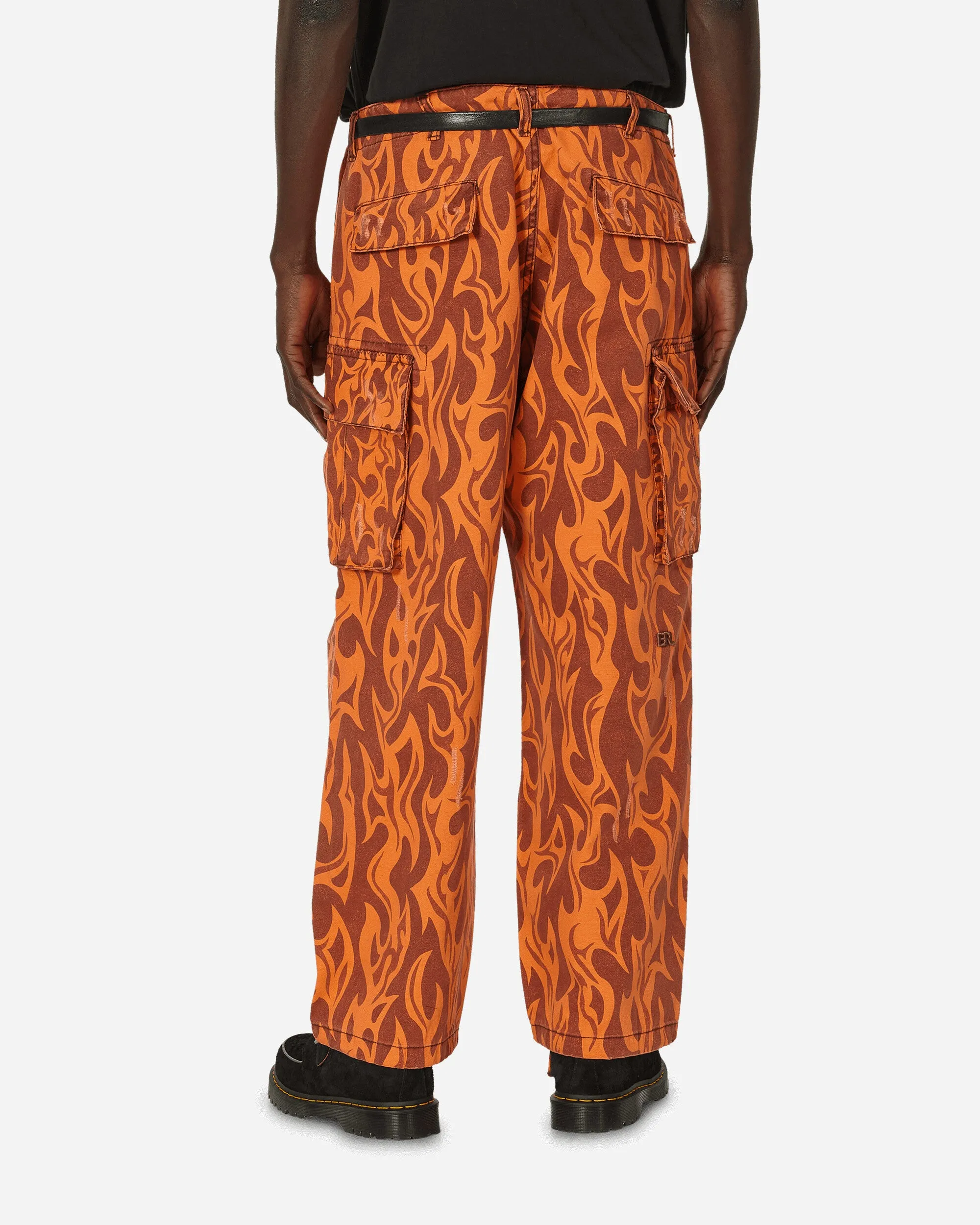 Printed Flame Cargo Pants Orange Comfortable Elastic Fiber Trim Stone Washed