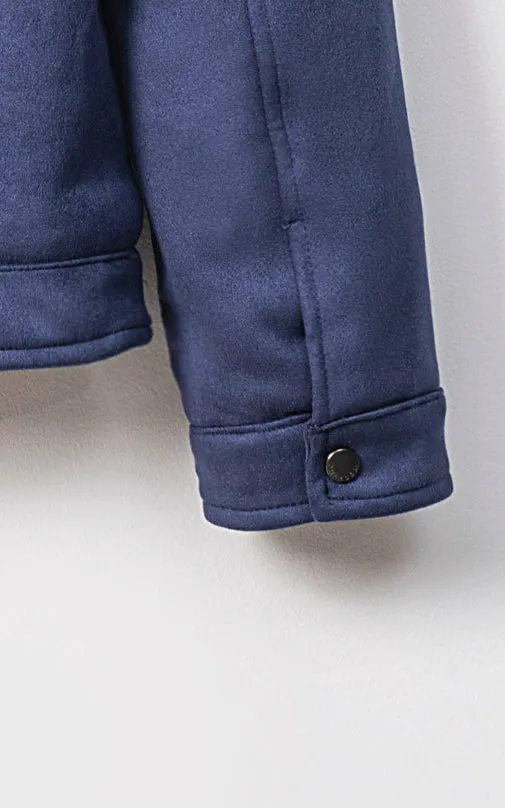 Slip Resistant Padding Fur Collar Suede Jacket Full Sleeve Navy