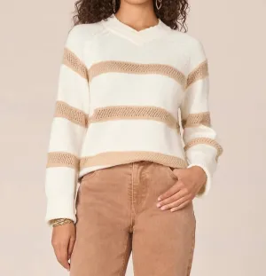 Pull à manches raglan avec motif rayures et point fantaisie en ivoire/taupe