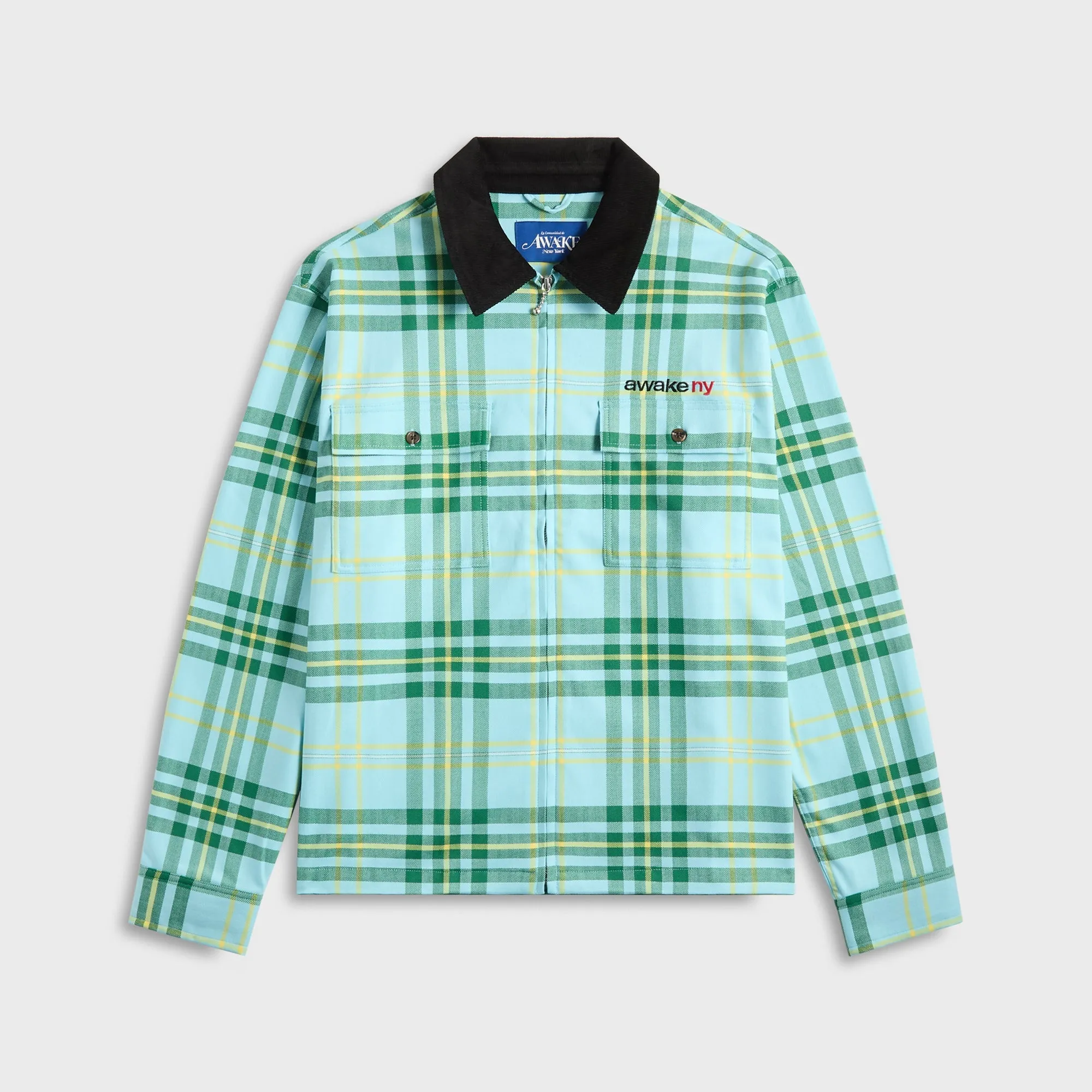 Silky Feature Three-Quarter-Sleeve Awake Ny Plaid Flannel Shirt - Turquoise