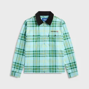 Silky Feature Three-Quarter-Sleeve Awake Ny Plaid Flannel Shirt - Turquoise