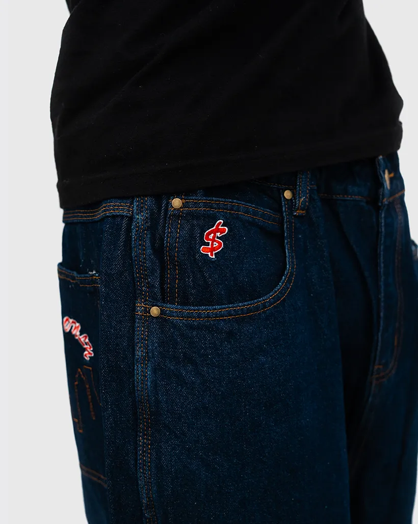 Cash Only Logo Baggy Denim Jeans - Raw Indigo Thin Linen Non - Slip - Sole Socks