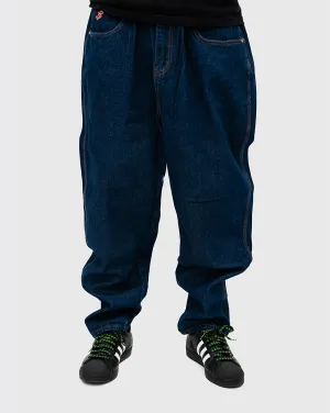 Anti-Fake Values Matte-Finish-Fit Cash Only Logo Baggy Denim Jeans - Raw Indigo