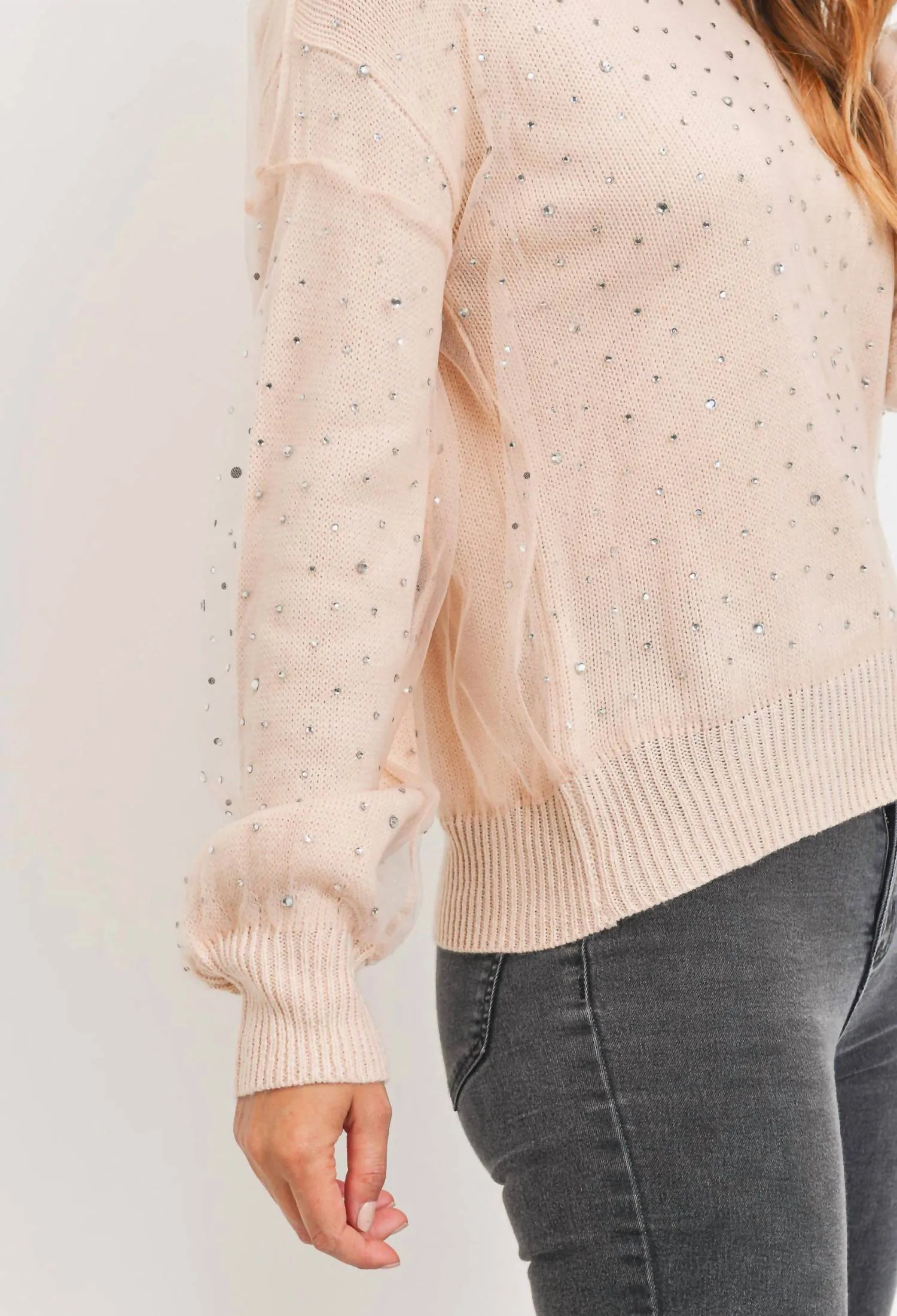 Pull en maille transparente avec incrustations de strass - Rose poudré