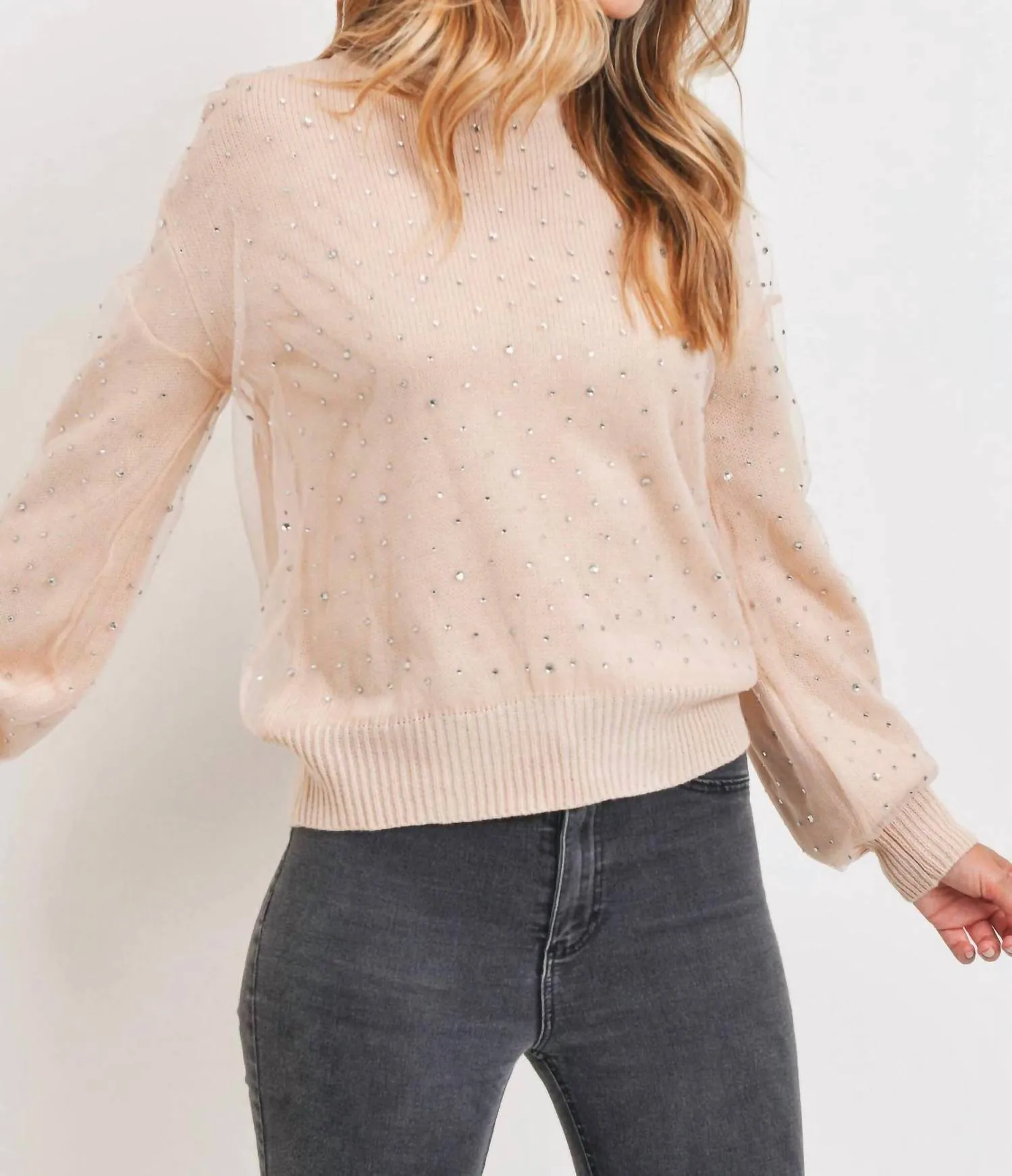 Pull en maille transparente avec incrustations de strass - Rose poudré