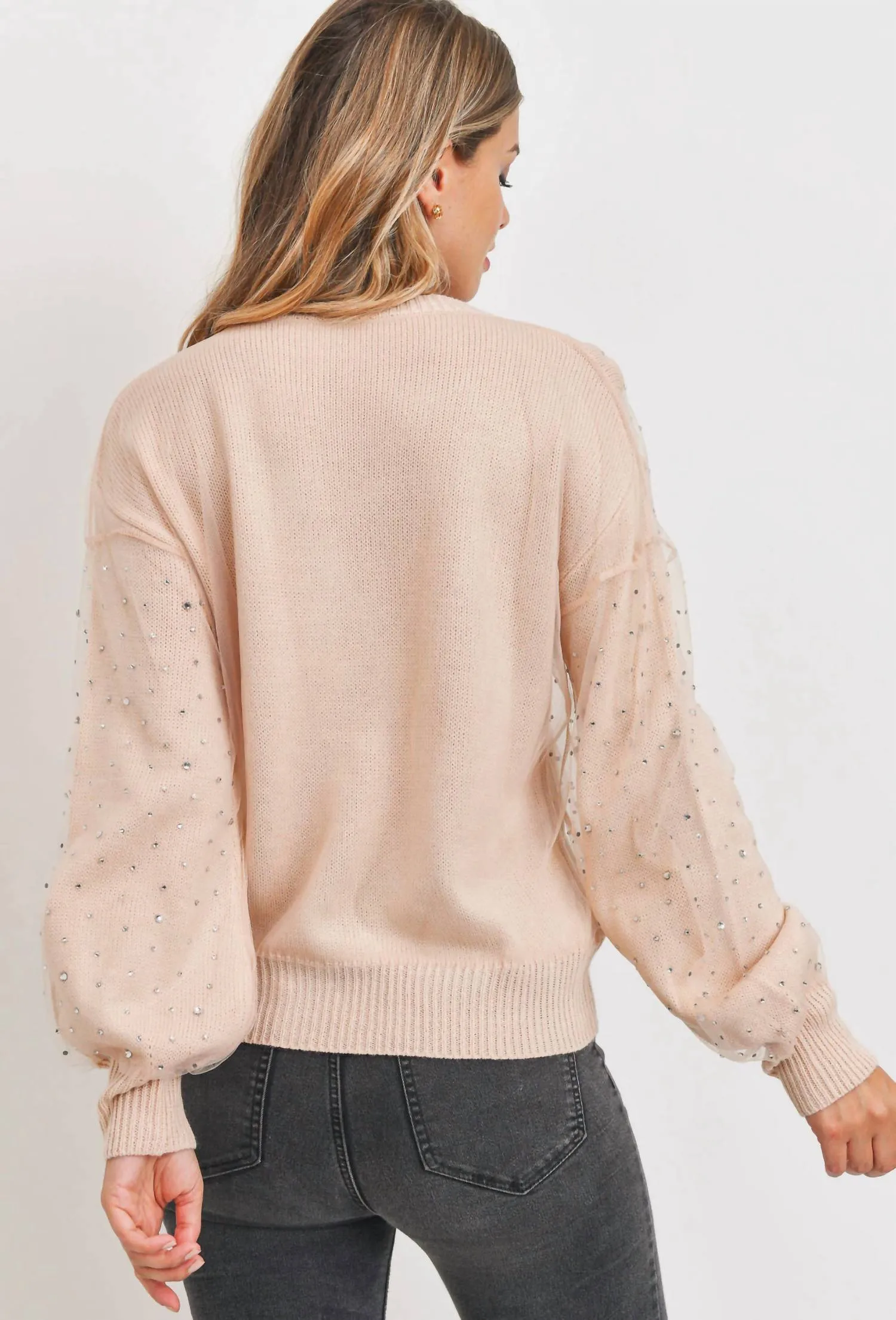 Pull en maille transparente avec incrustations de strass - Rose poudré
