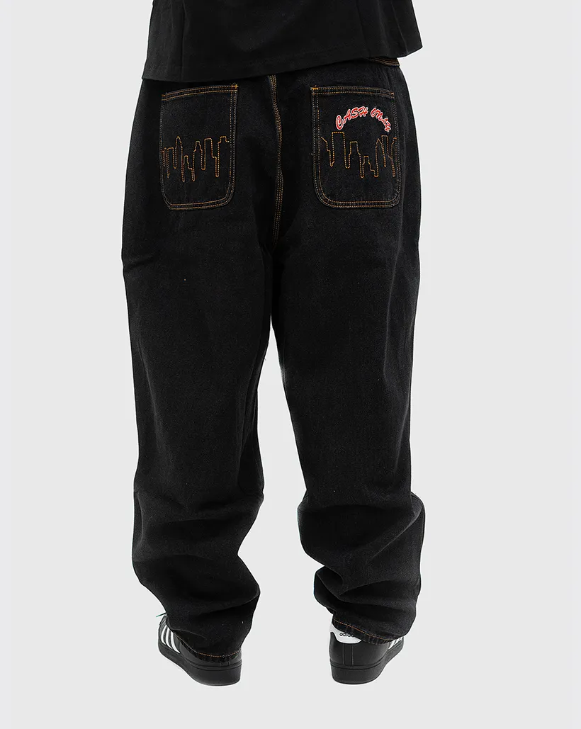 Woven Label Cash Only Logo Baggy Denim Jeans - Washed Black