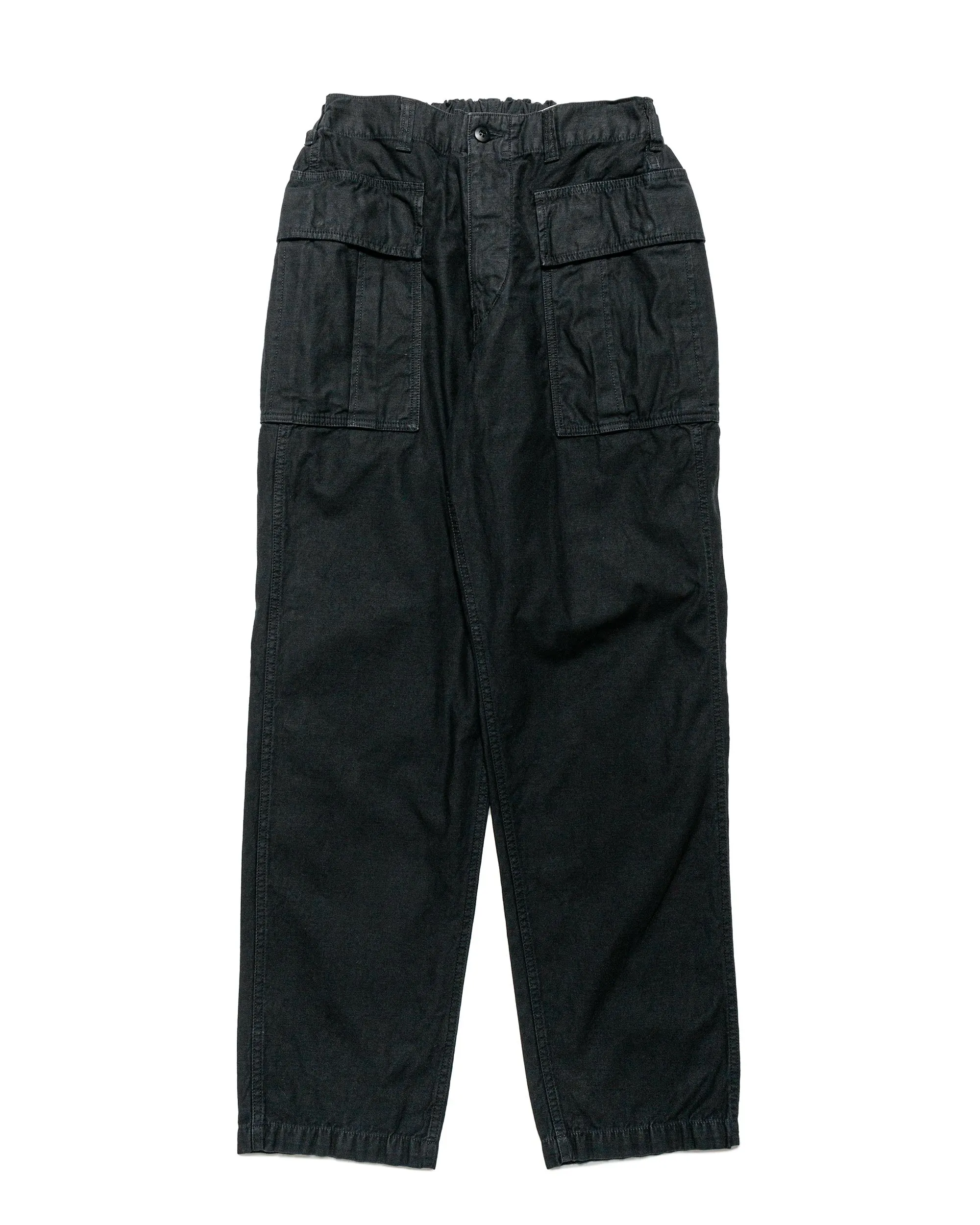 Curved Sleeve Rough Fabric Sage De Cret Cotton/Linen Back Satin Pegtop Military Pants Black