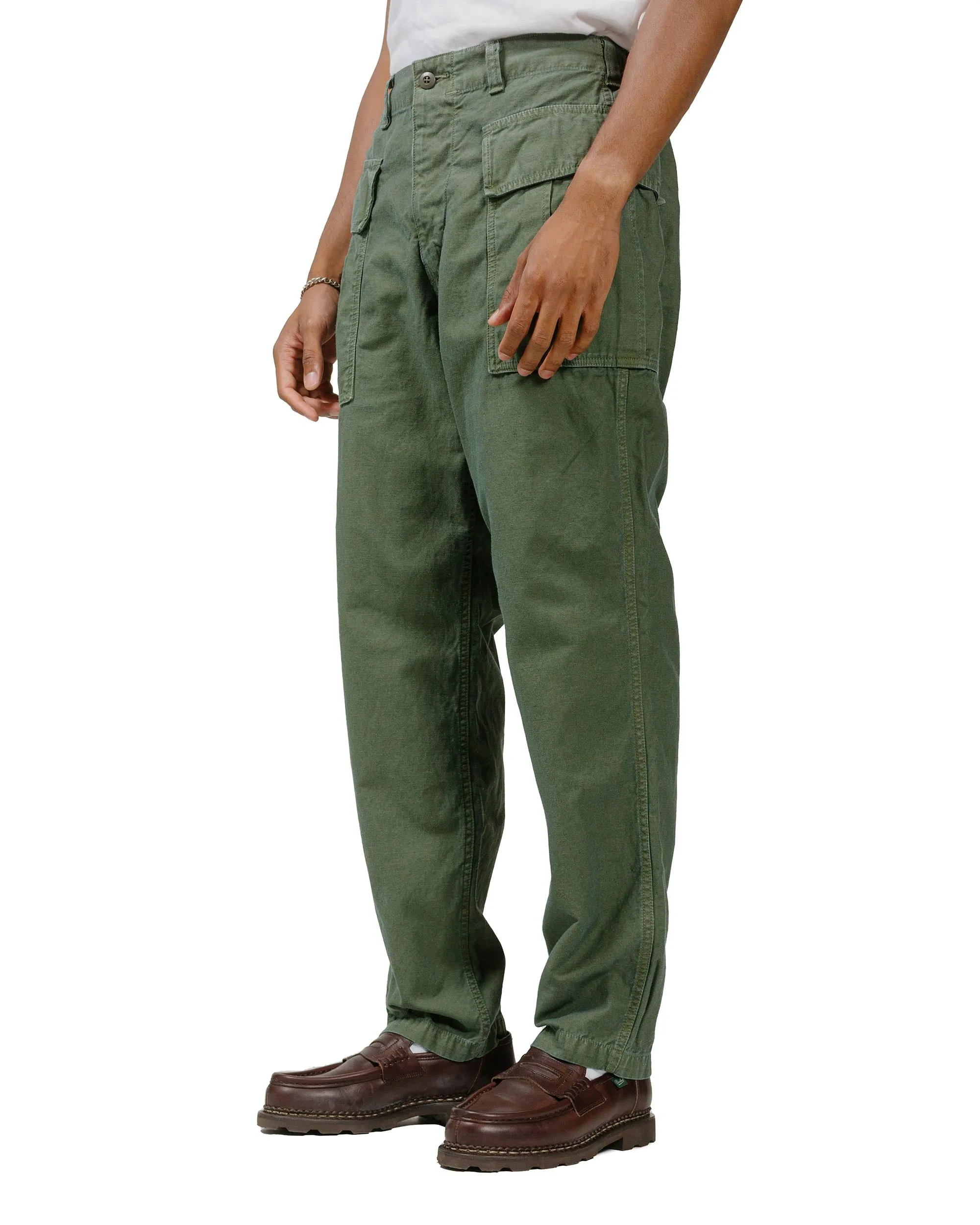 Experimenting Sage De Cret Cotton/Linen Back Satin Pegtop Military Pants Olive