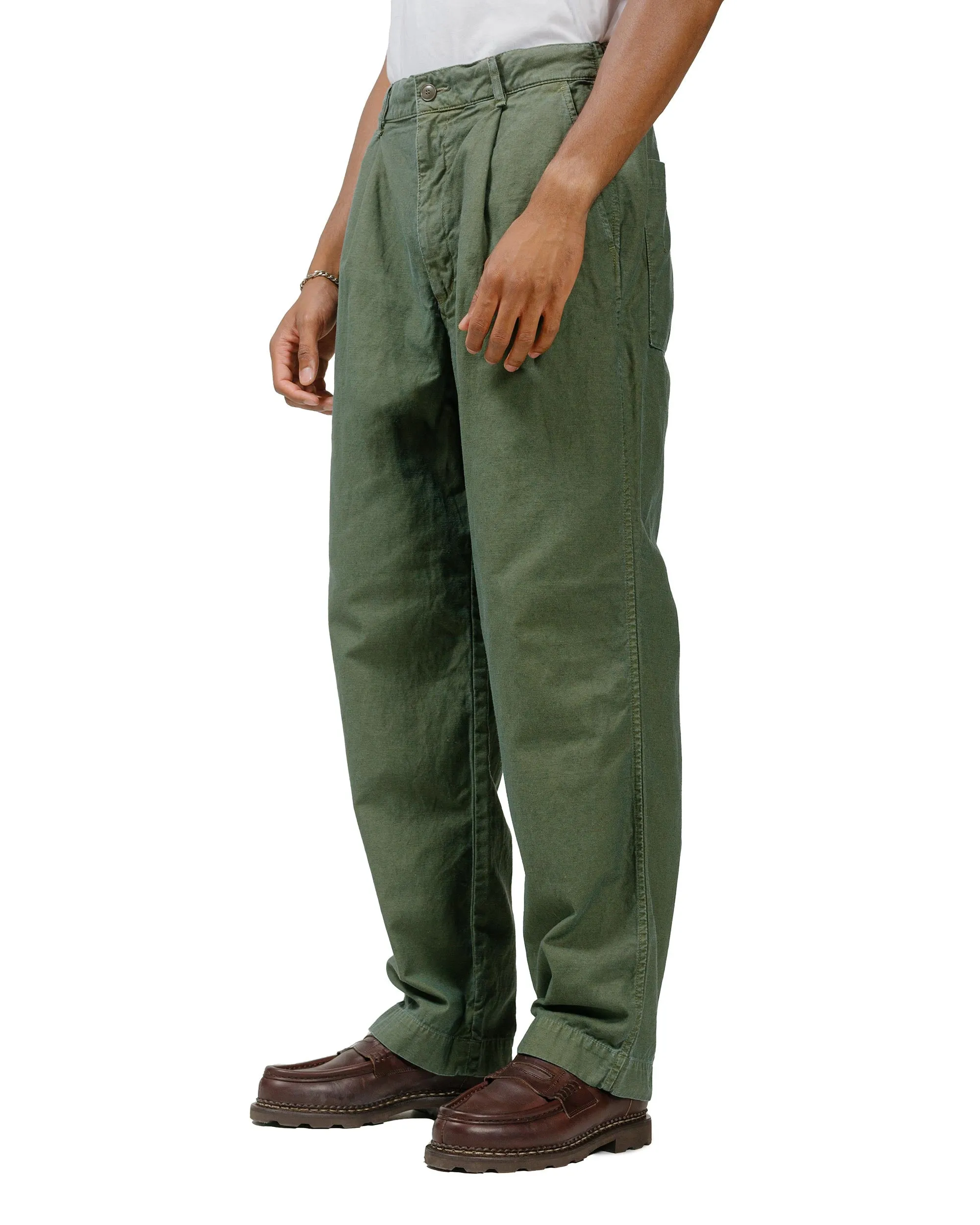 Rock Shape Sage De Cret Cotton/Linen Back Satin Single-Pleated Wide Pants Olive