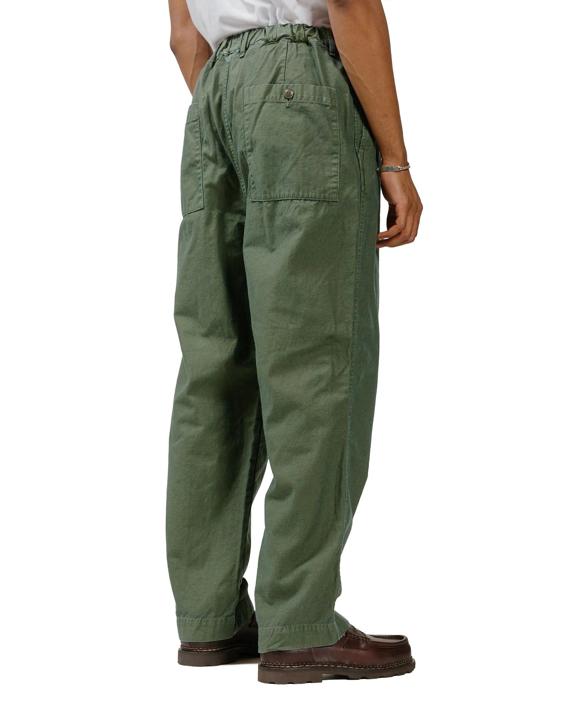 Comfortable Elastic Region Sage De Cret Cotton/Linen Back Satin Single-Pleated Wide Pants Olive