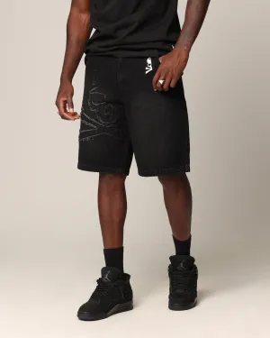 Saint Morta Shorts en Jean à Motif Demi-Crâne Lavé Noir