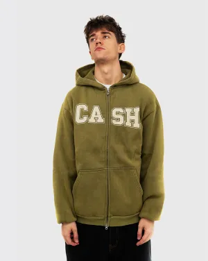 Cash Only Campus Zip Up Hoodie - Washed Olive Front Pocket Style