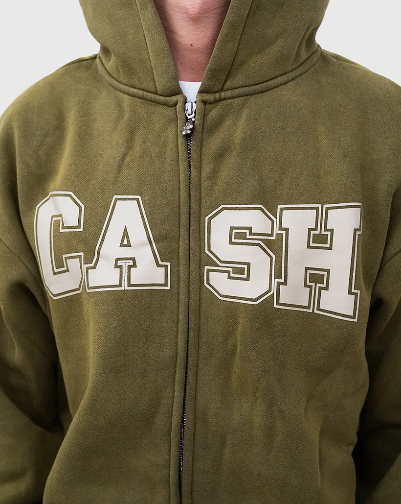 Technical Fabric Cash Only Campus Zip Up Hoodie - Washed Olive