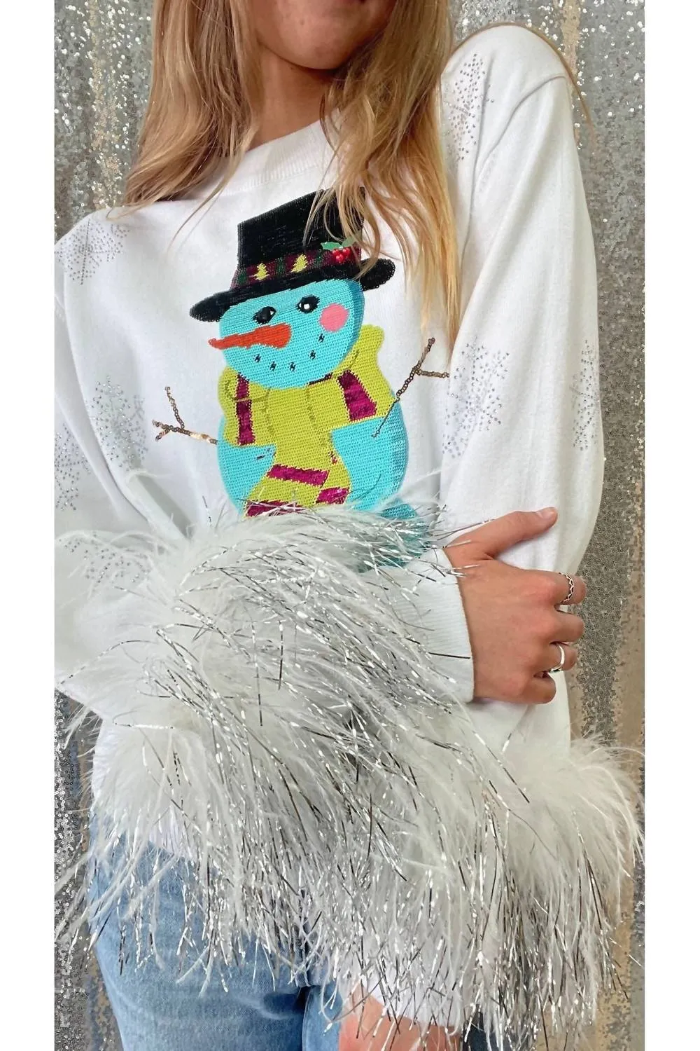 Pull scintillant bonhomme de neige avec paillettes en blanc