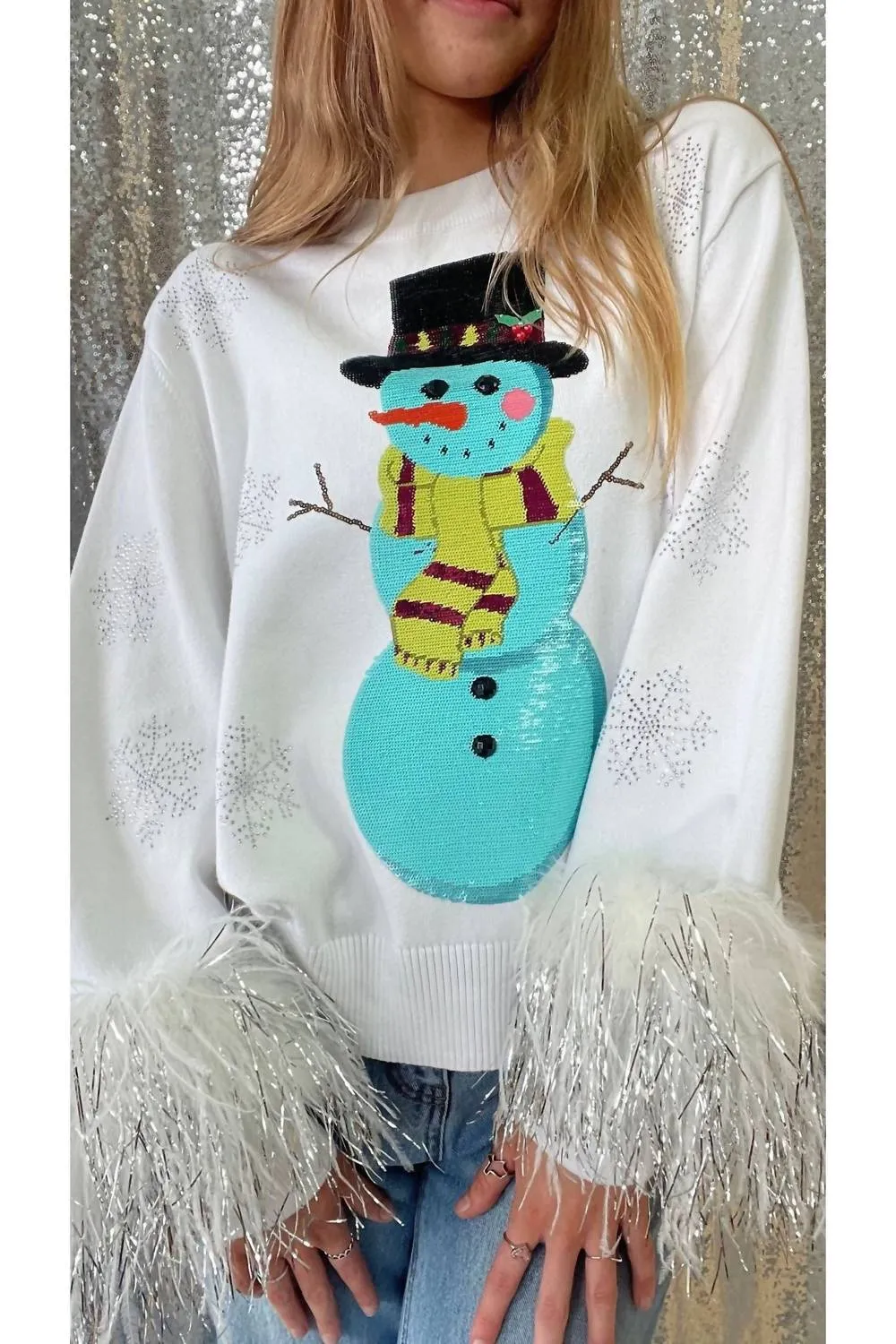 Pull scintillant bonhomme de neige avec paillettes en blanc