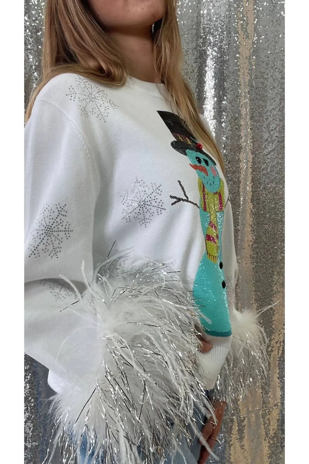 Pull scintillant bonhomme de neige avec paillettes en blanc