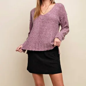 Pull Doux et Confortable à Col en V et Manches Longues en Bordeaux