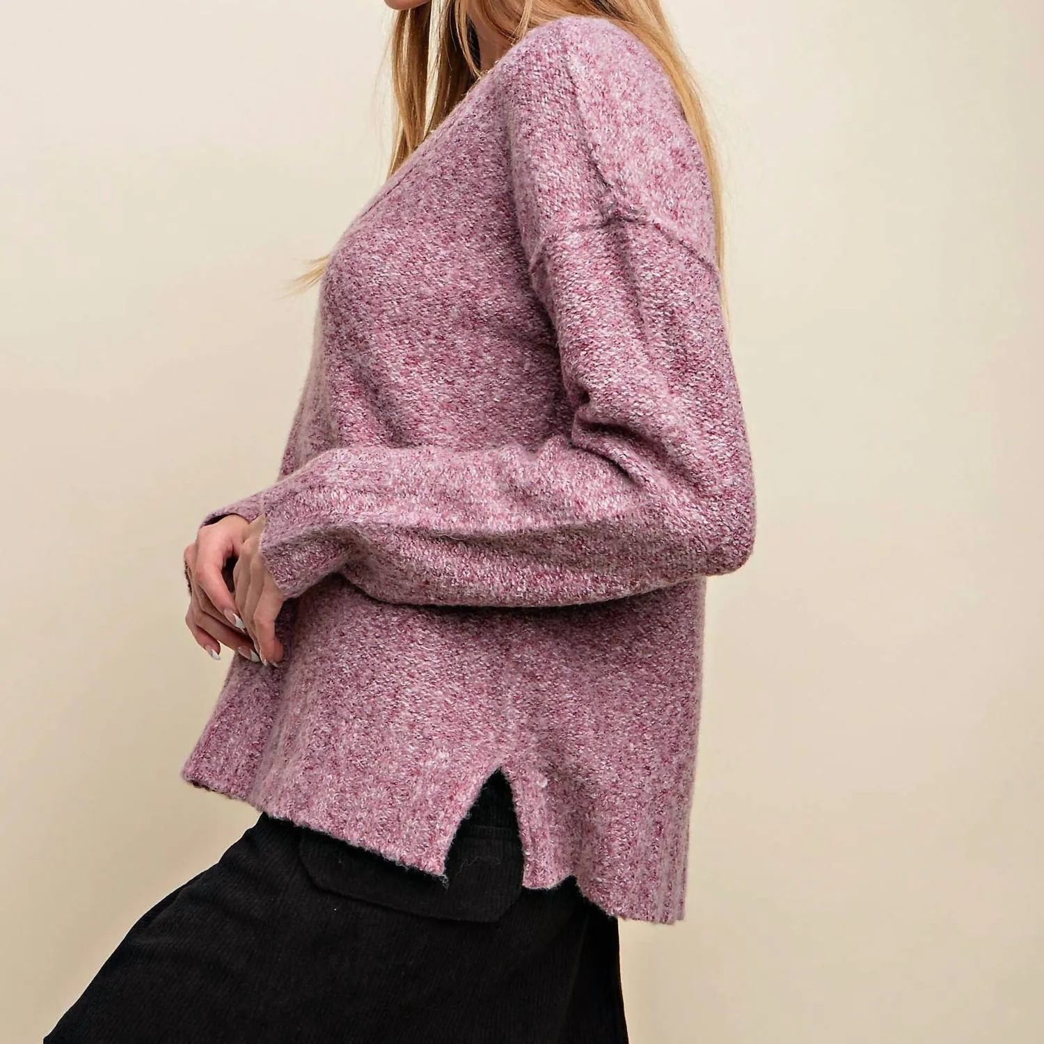 Pull Doux et Confortable à Col en V et Manches Longues en Bordeaux