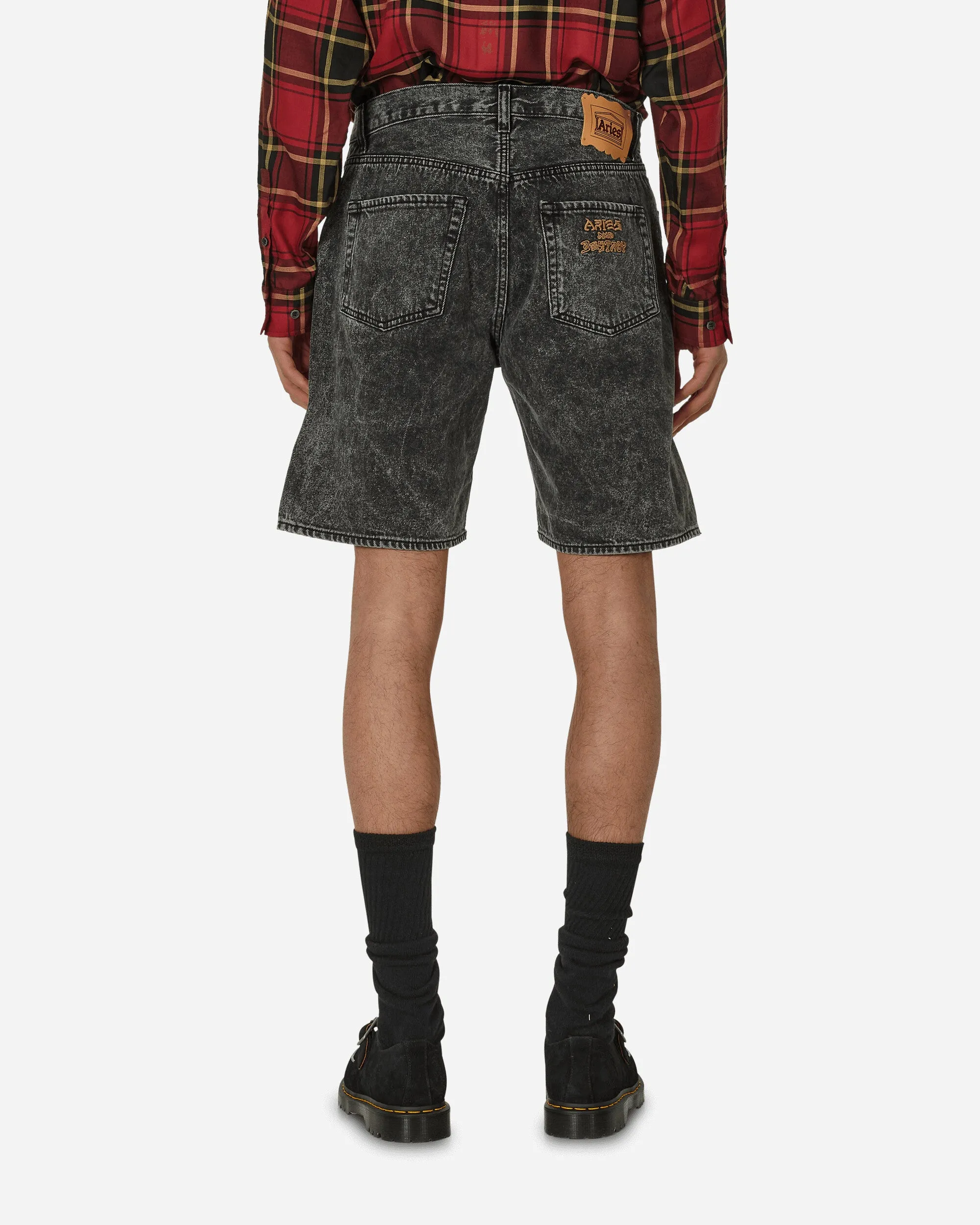 Plastic Buckle Acid Wash Denim Shorts Black