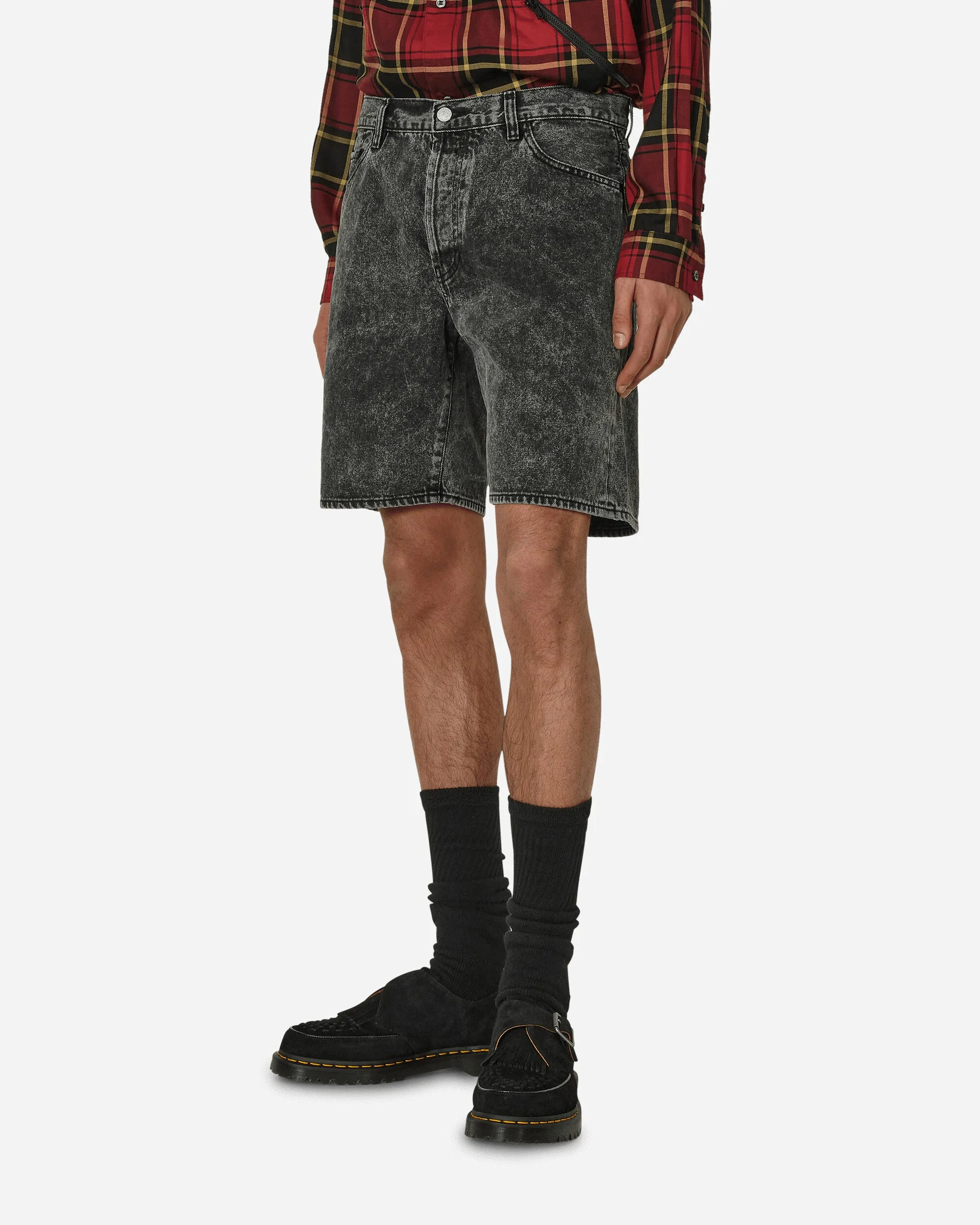 Curved Hem Scoop - Neck Acid Wash Denim Shorts Black