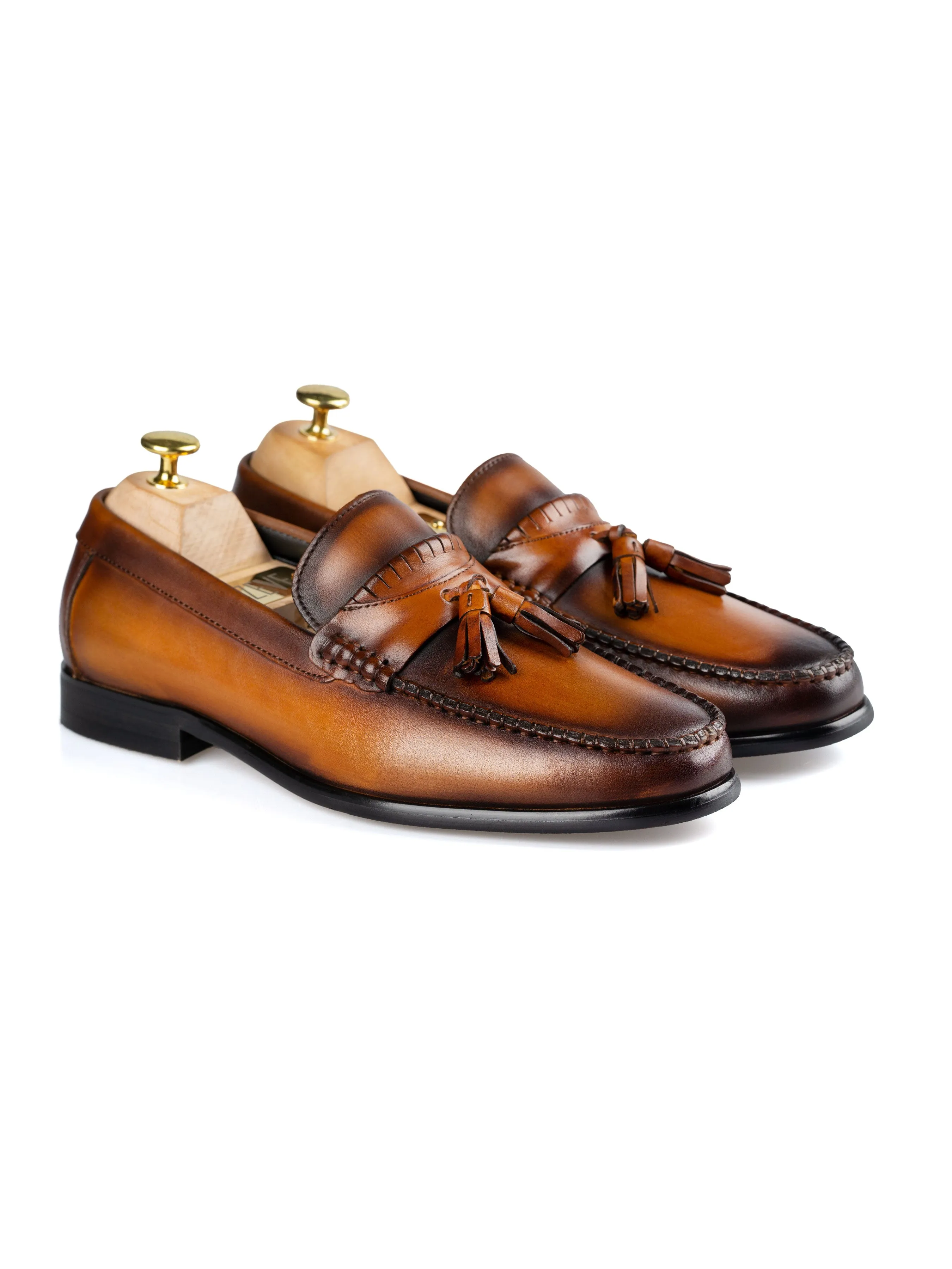 Comfortable Insole" Lightweight Layout Design Tassel Moccasin Loafer - Cognac Tan (Hand Painted Patina)