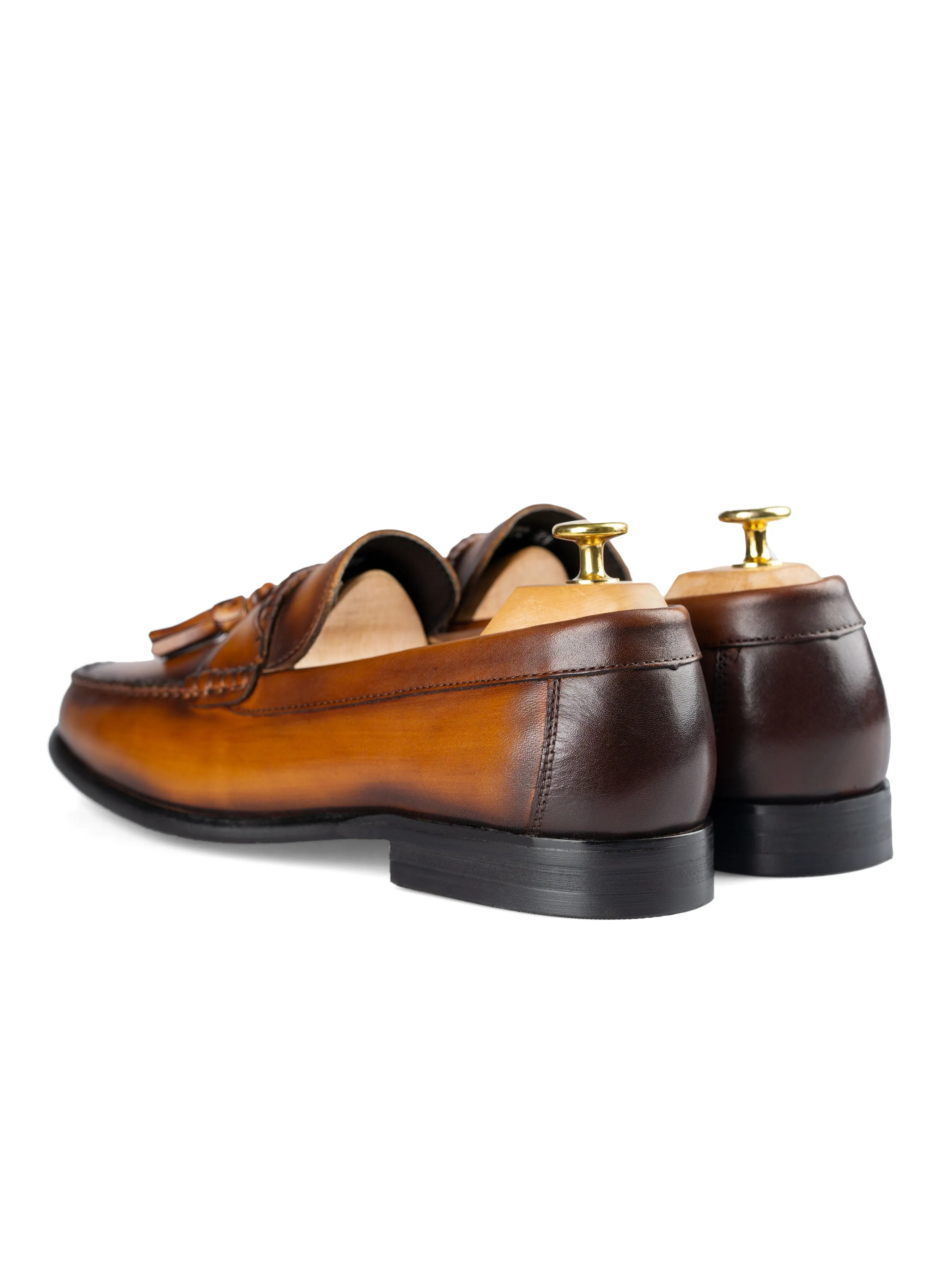 Personalizable Mesh Lining Tassel Moccasin Loafer - Cognac Tan (Hand Painted Patina)