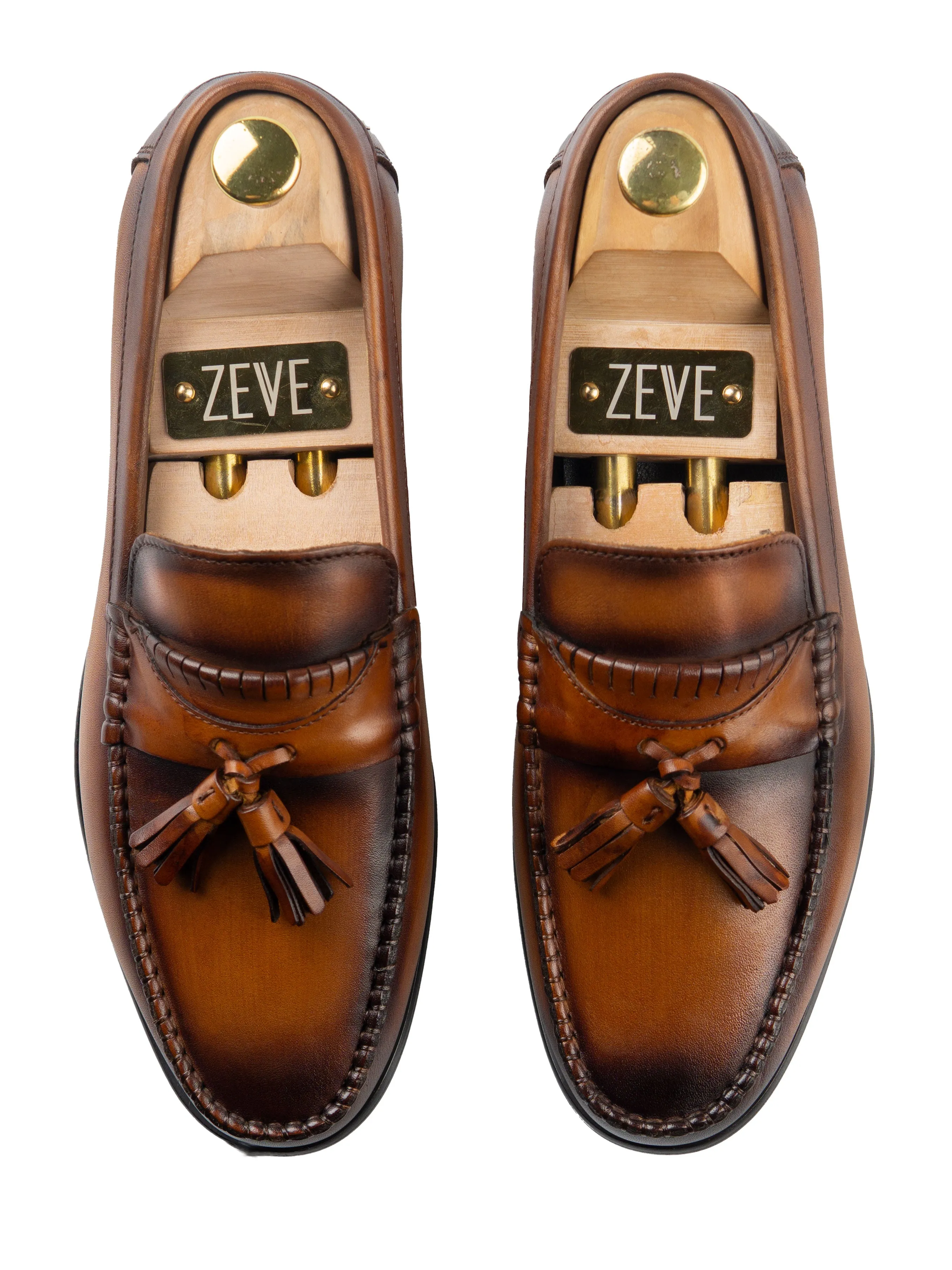 Tassel Moccasin Loafer - Cognac Tan (Hand Painted Patina) Soft Footbed Style