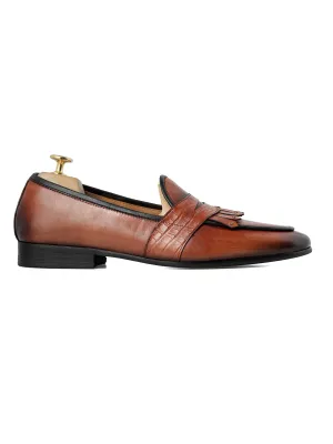 Belgian Loafer - Cognac Tan Phyton Penny Strap With Studded Fringe (Hand Painted Patina) Retro Fit Nostalgia