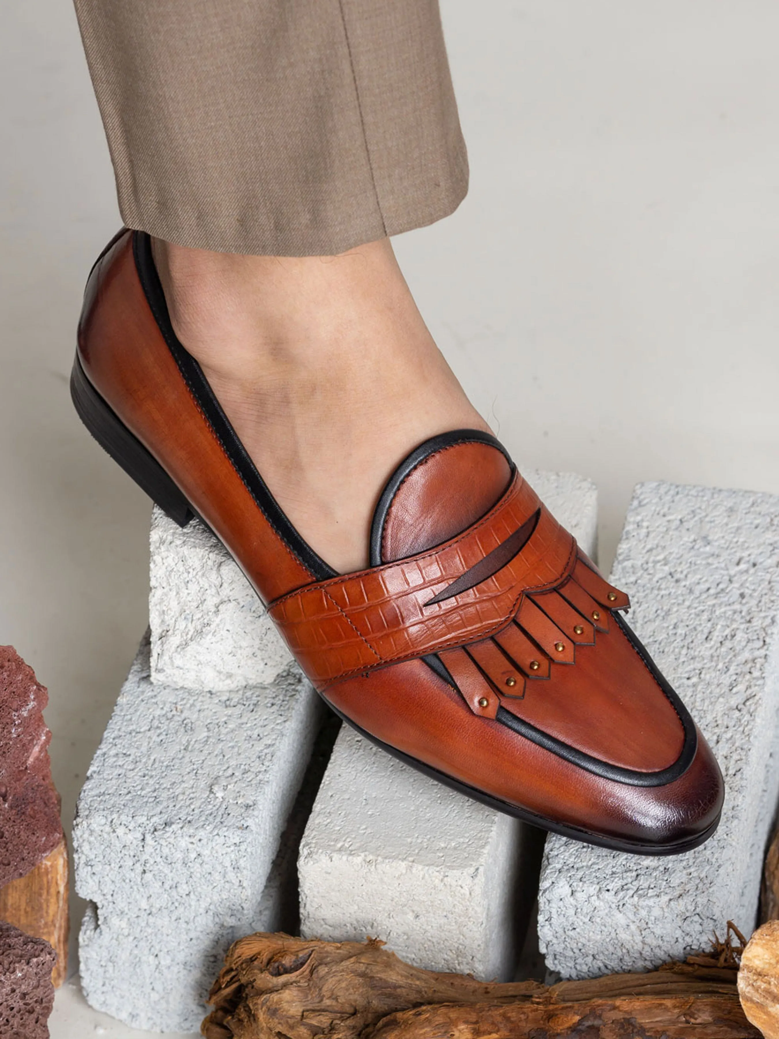 LeanManufacturing Comfortable Tie System Design Belgian Loafer - Cognac Tan Phyton Penny Strap With Studded Fringe (Hand Painted Patina)