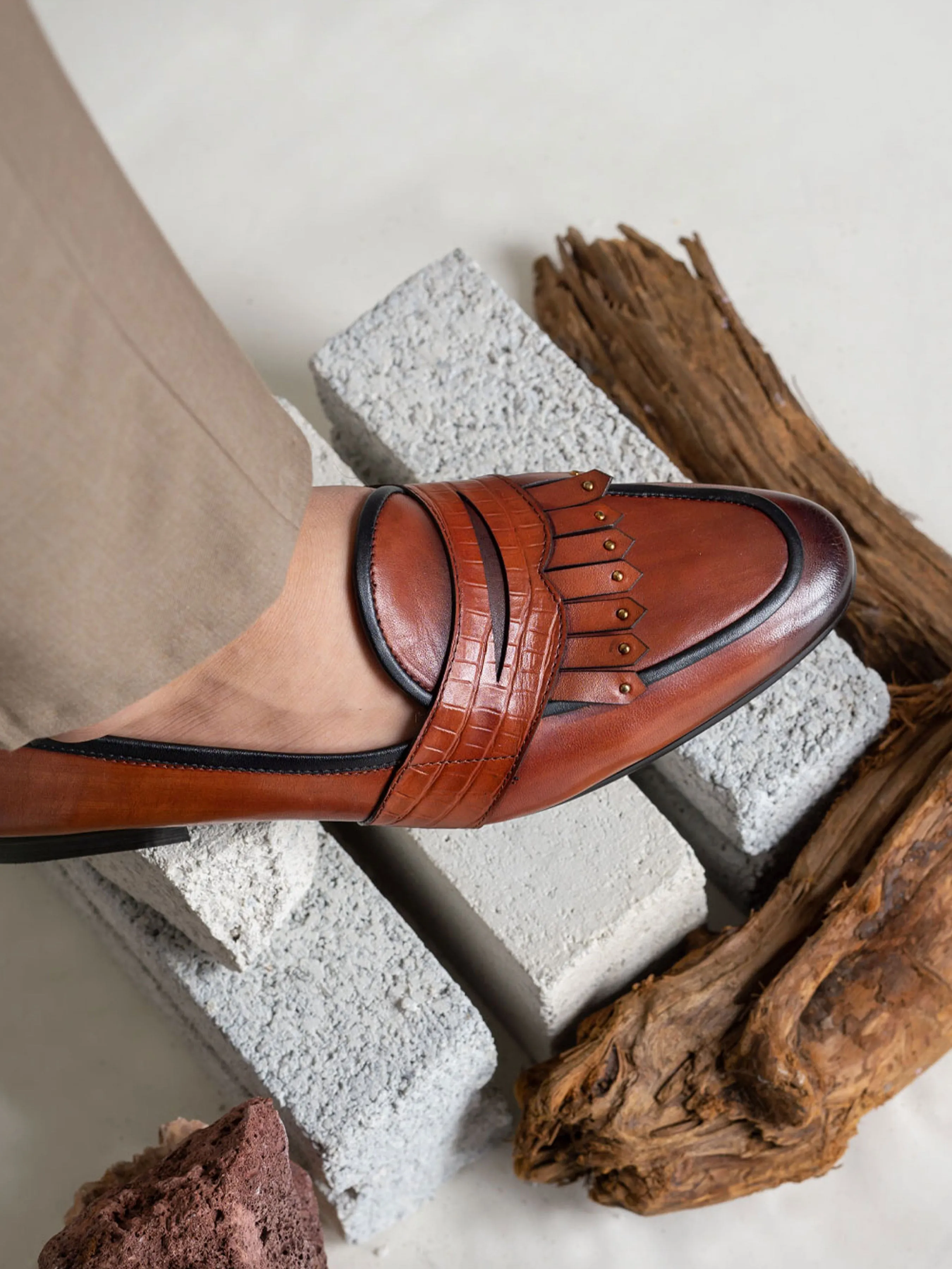 Slip - Resistant Soles Slippers Belgian Loafer - Cognac Tan Phyton Penny Strap With Studded Fringe (Hand Painted Patina)