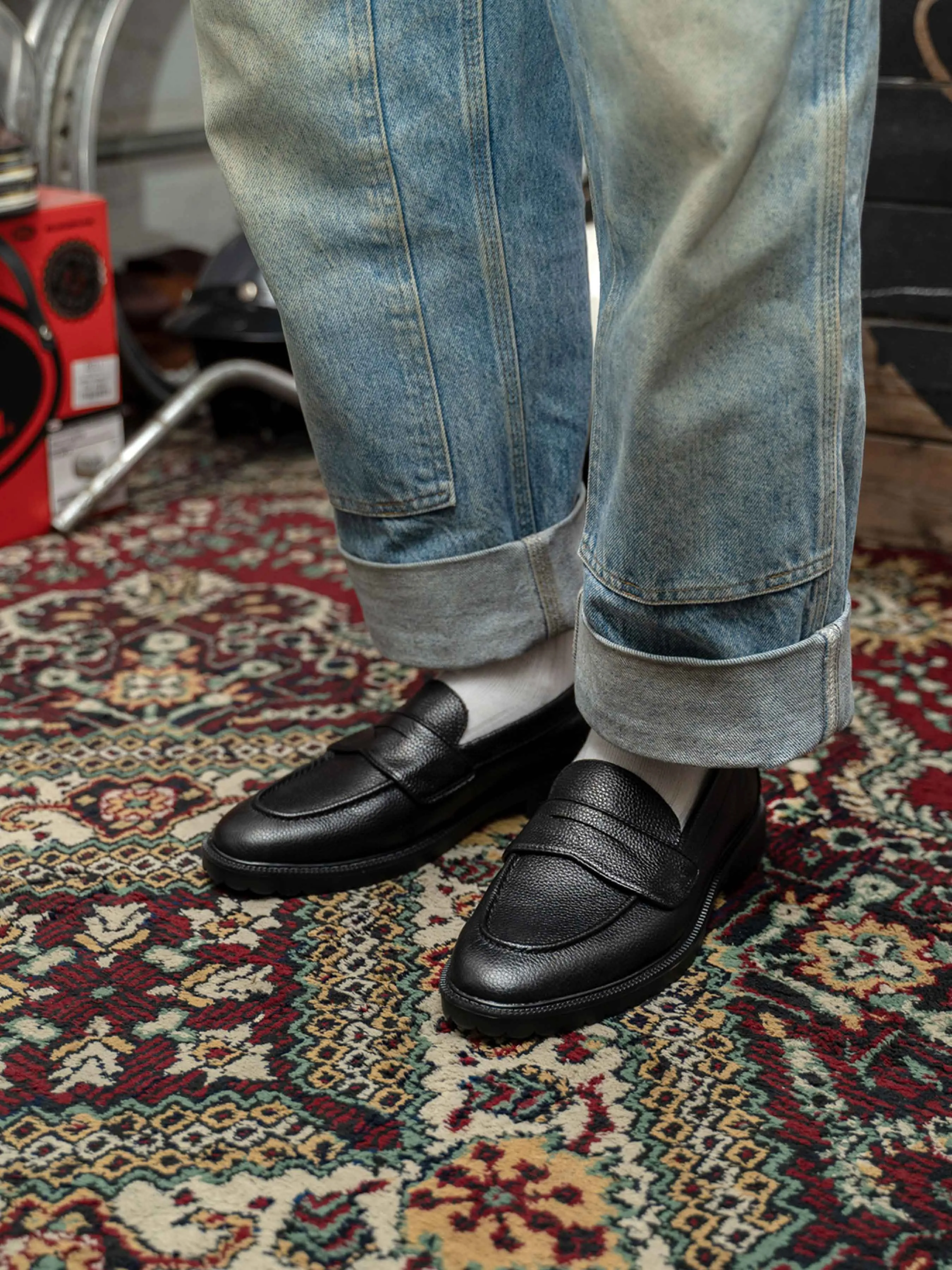 Wayne Penny Loafer - Black Pebble Grain Leather (Combat Sole) Lead with Style Feel the Energy