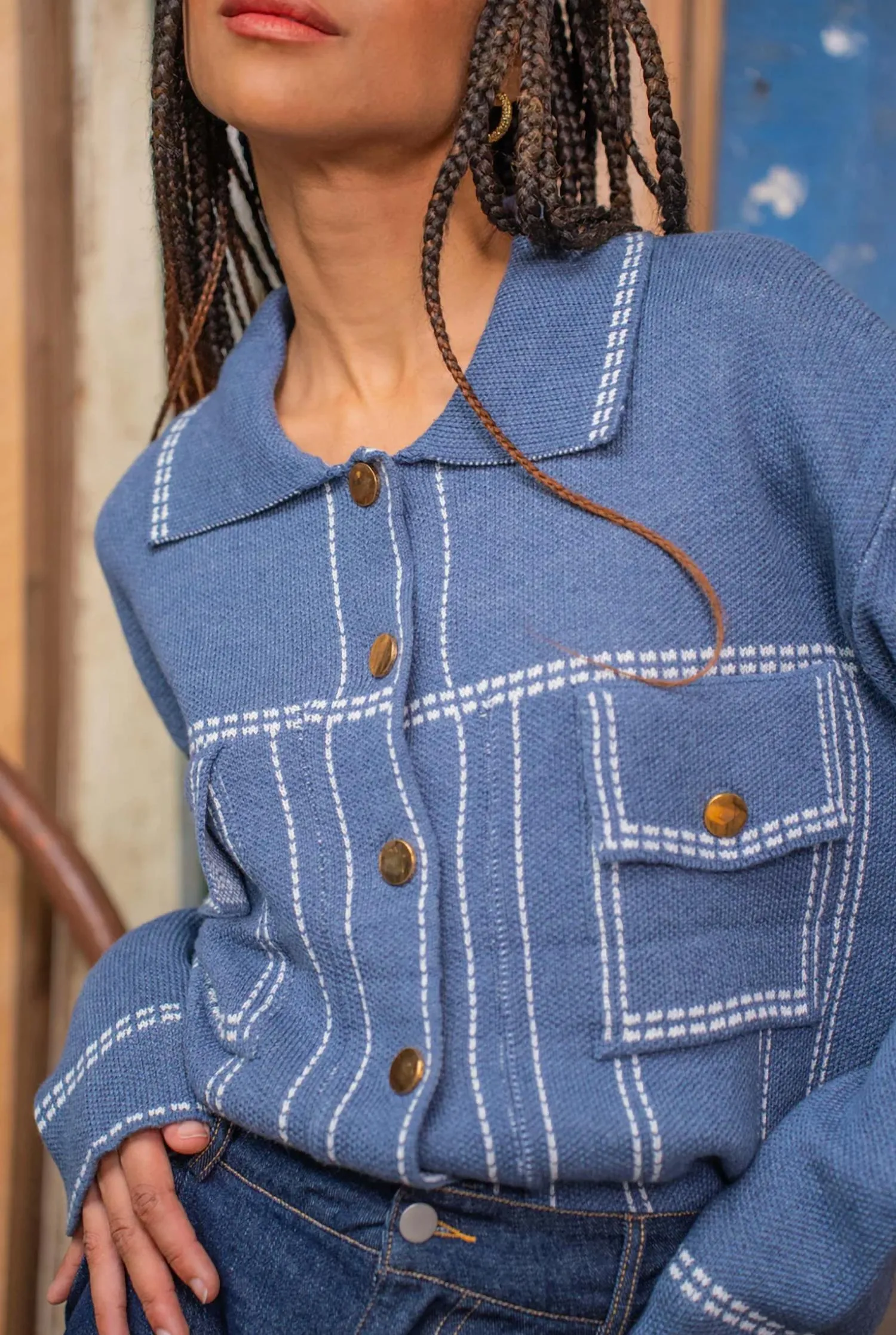Cardigan à motifs en denim bleu