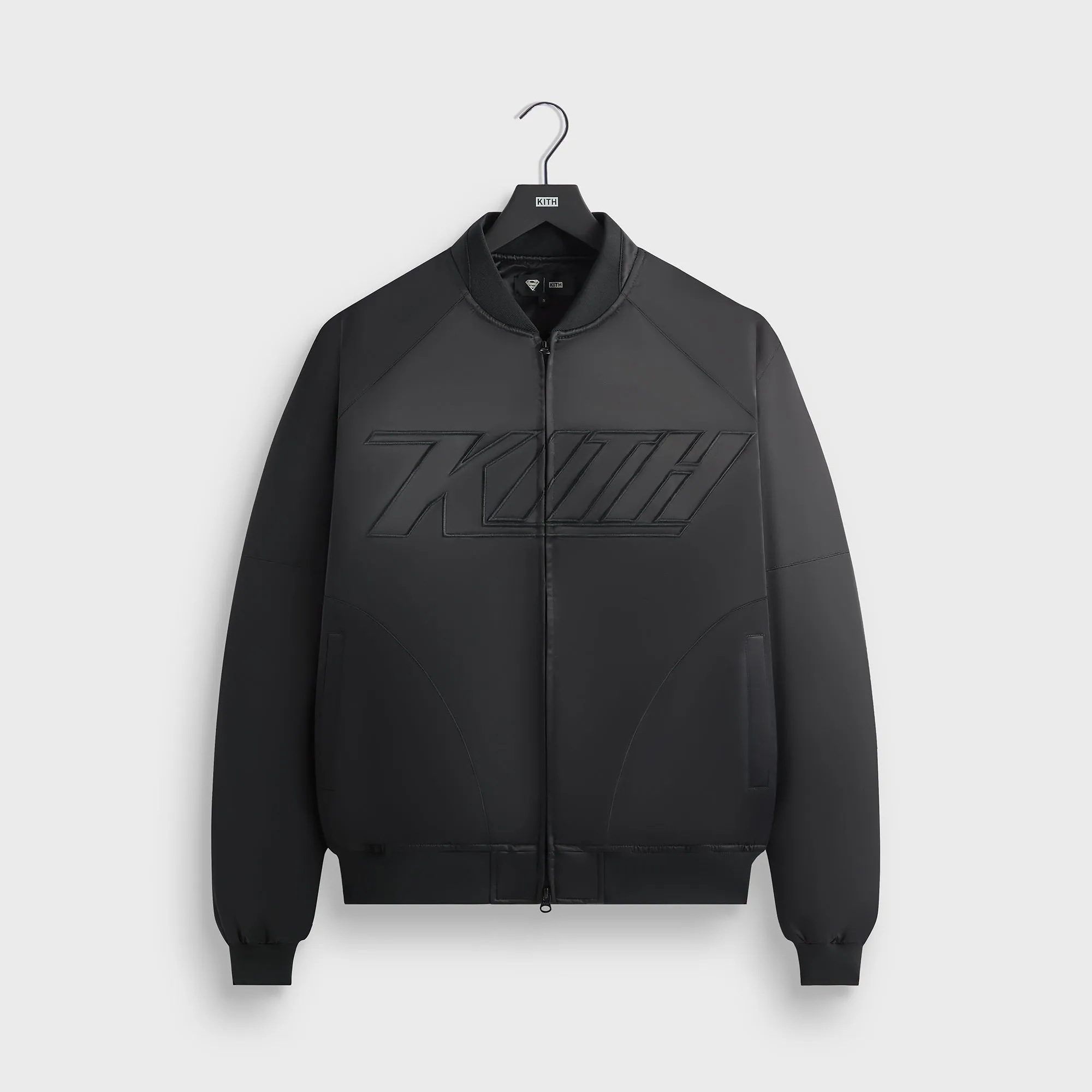 Superman | Kith Satin Bomber Jacket - Black Anti-Supported Up Hood With Loose Fit Materials