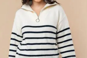 Pull à zip 1/4 rayé en crème