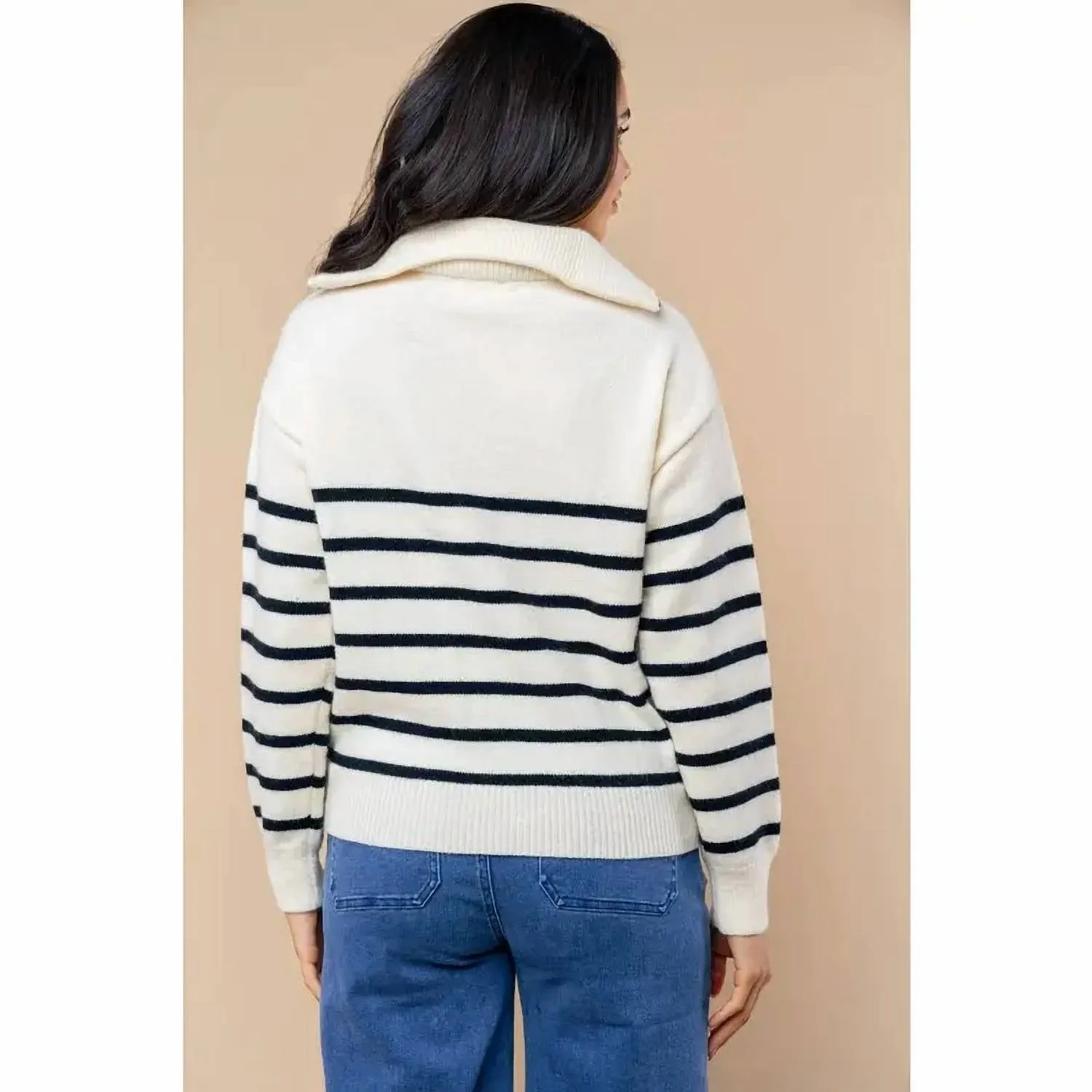 Pull à zip 1/4 rayé en crème