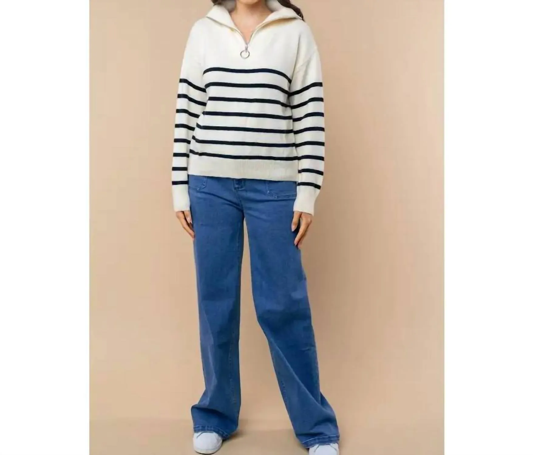 Pull à zip 1/4 rayé en crème