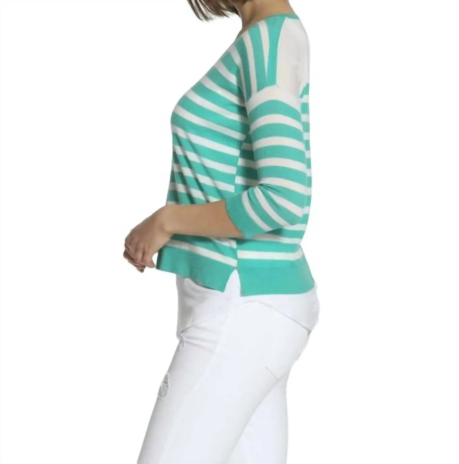 Pull col V rayé en turquoise/blanc