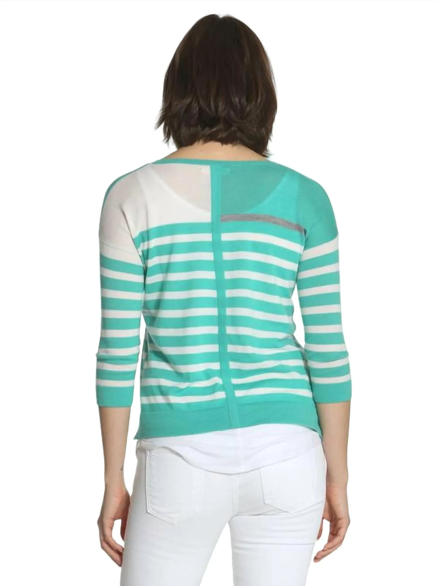 Pull col V rayé en turquoise/blanc