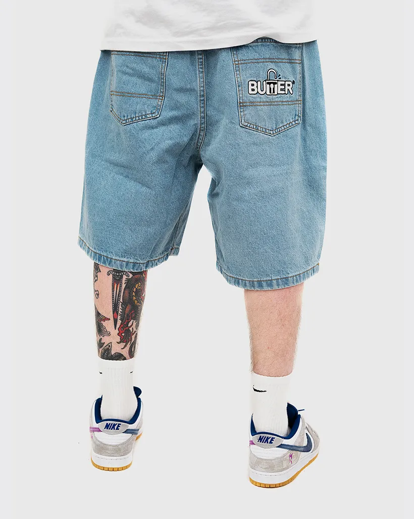 Ragged Edge Snapped Sleeve Butter Goods Lock Denim Shorts - Light Indigo