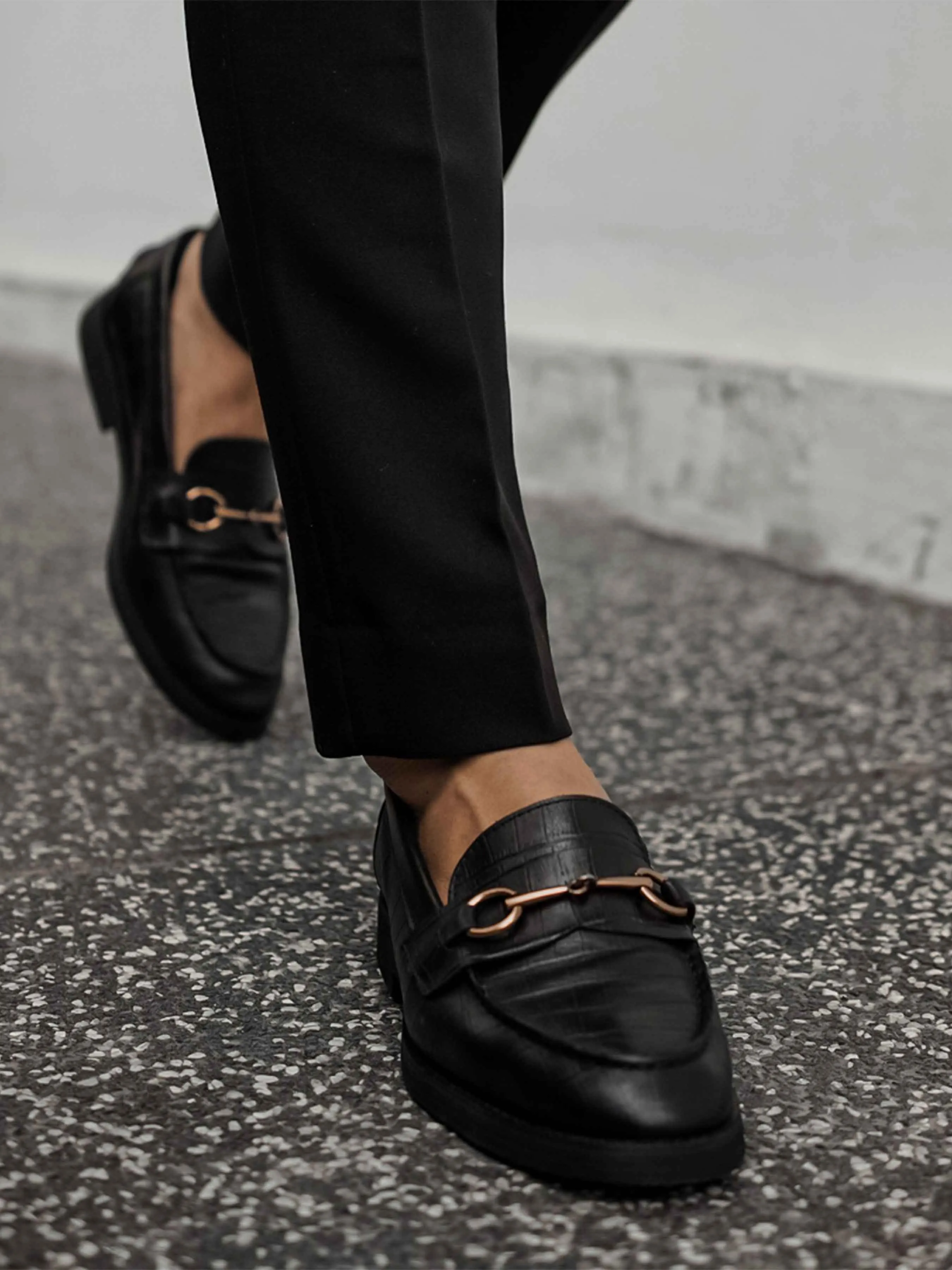 Plastic Buckle Penny Loafer Horsebit Buckle - Black Croco Leather (Crepe Sole)