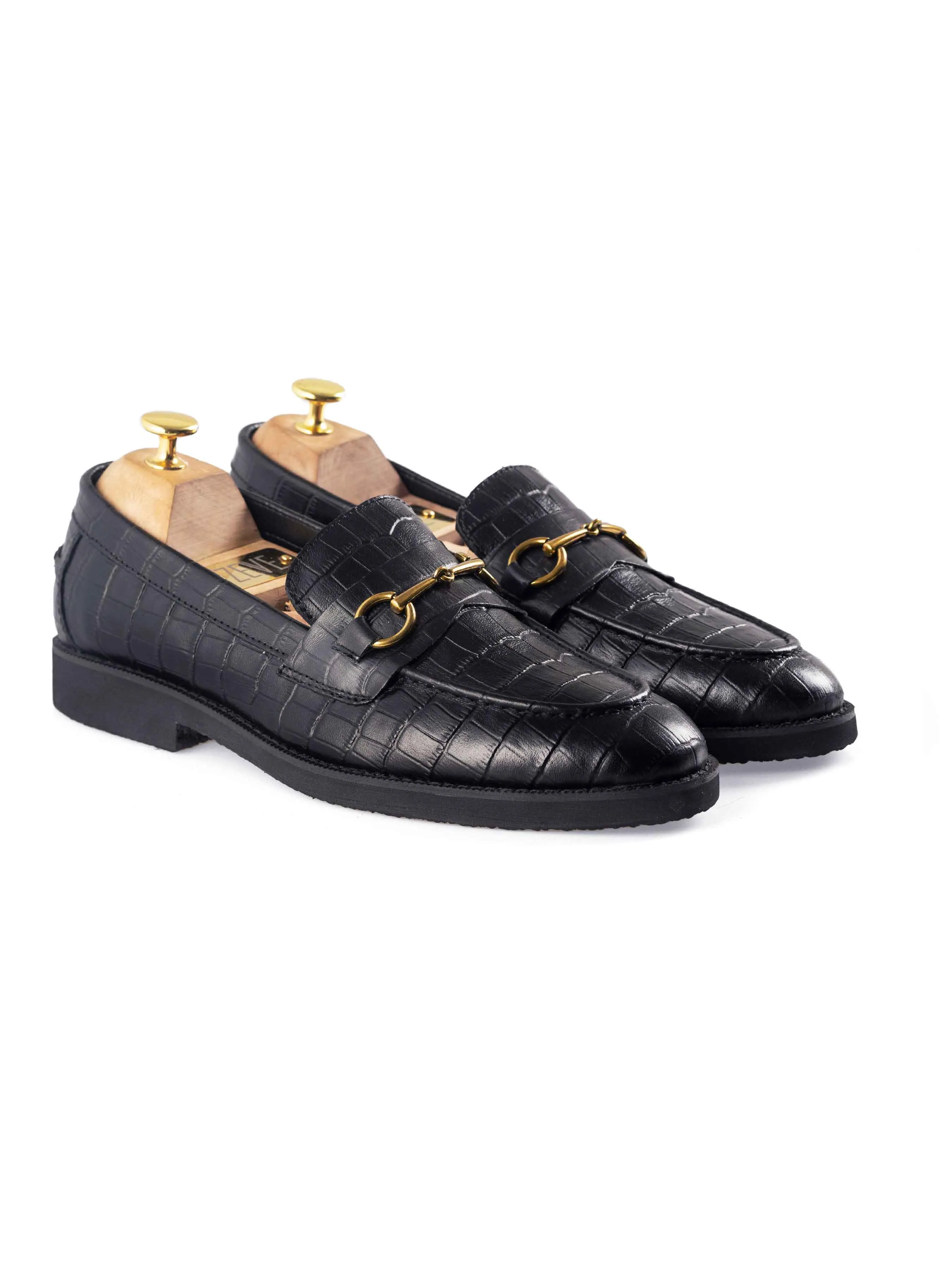 Penny Loafer Horsebit Buckle - Black Croco Leather (Crepe Sole) Comfortable PVC-F