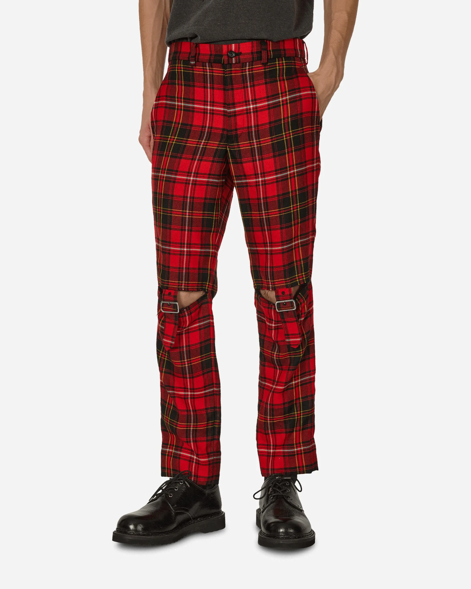 Fine Microfiber Tartan Knee Buckle Detail Pants Red